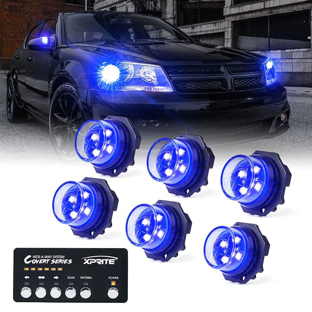 Xprite Blue LED Hideaway Strobe Police Lights Kit - 20 Flashing Modes with Control Panel for Headlights & Taillights - Emergency Warning Lights for POV Vehicles, Volunteer Cars, Trucks & SUVs (6PCS) - Perfect for First Responders, Security Patrols & Roadside Assistance