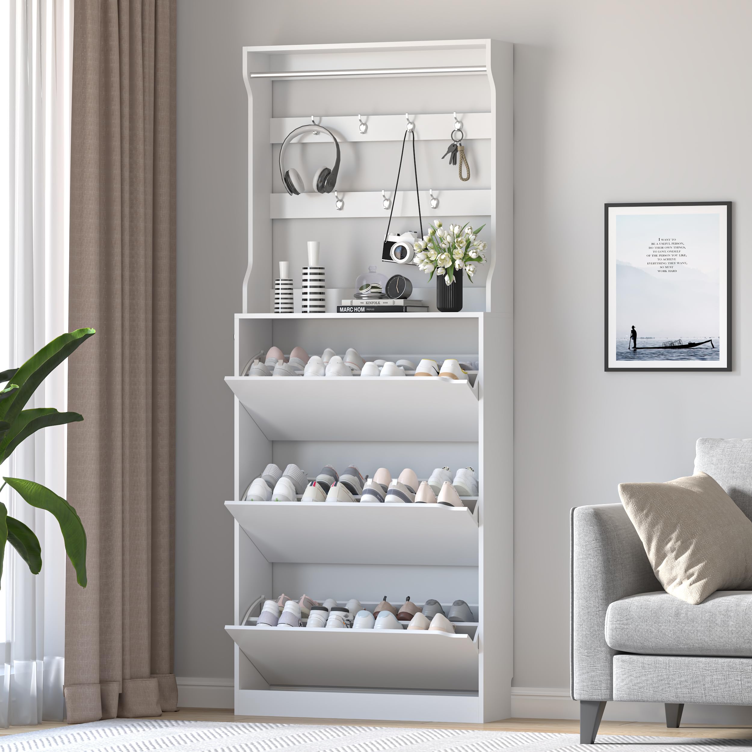 Modern White Slim Shoe Storage Cabinet with 3 Flip Drawers & Coat Rack - Freestanding Narrow Entryway Organizer for Hallway, Living Room & Bedroom - Space Saving Wooden Shoe Rack for Home Décor
