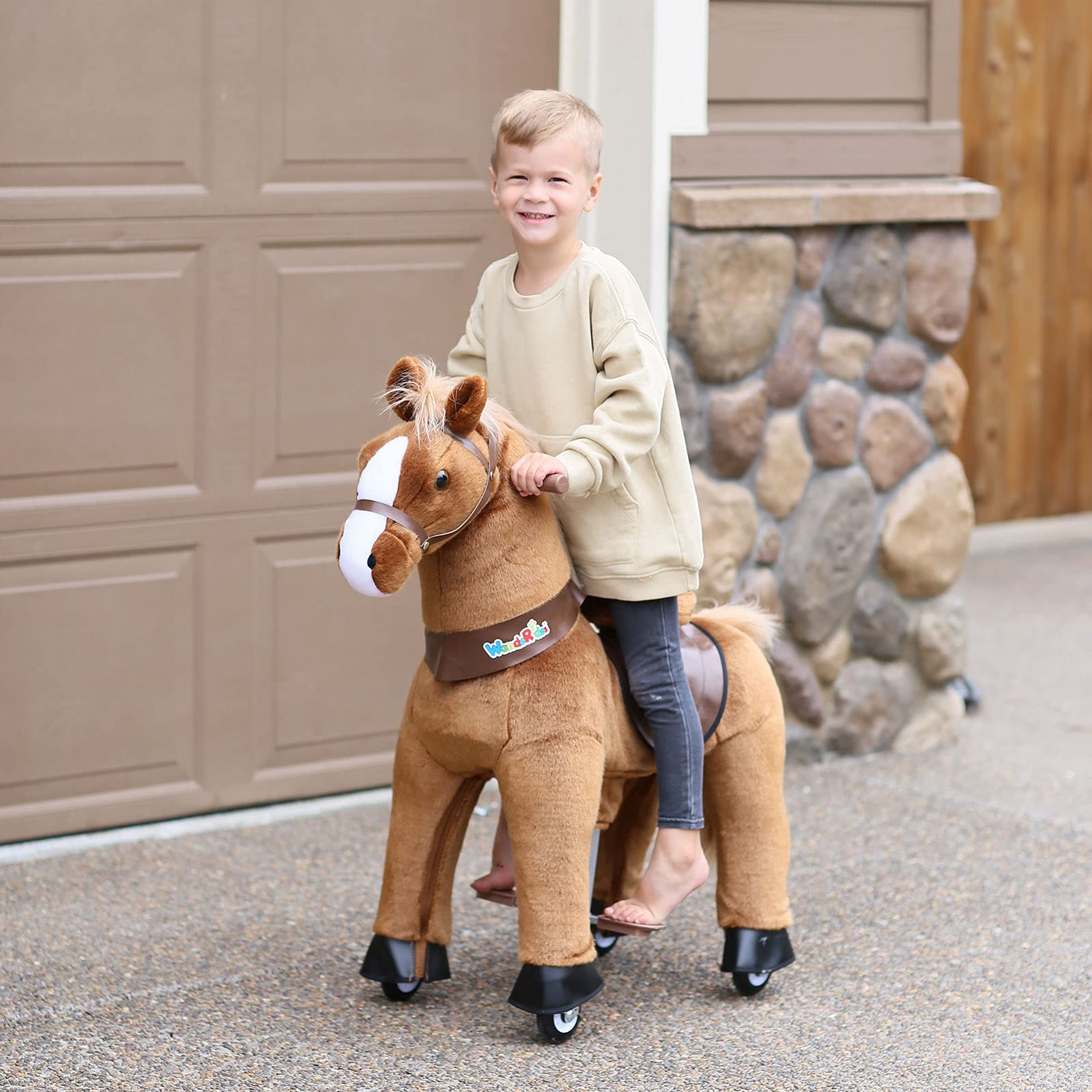 WondeRides Plush Rocking Horse Toy for Kids Ages 4-9 - 36 Inch Mechanical Walking Pony with Wheels | Toddler Ride-On Toy for Indoor & Outdoor Play, Birthday Gifts, and Pretend Play Activities