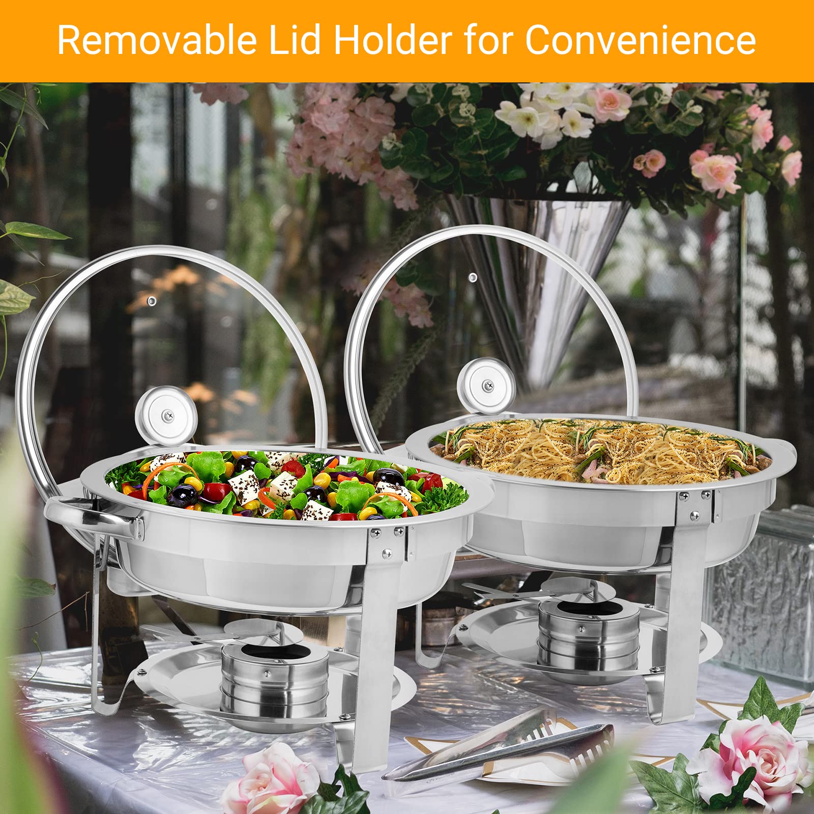 ROVSUN 5Qt 4-Pack Stainless Steel Chafing Dish Buffet Set - NSF Certified Round Food Warmers for Catering, Weddings & Banquets - Includes Glass Lids & Holder with Sturdy Stand Frame - Perfect for Buffet Serving, Party Events & Food Warming Stations