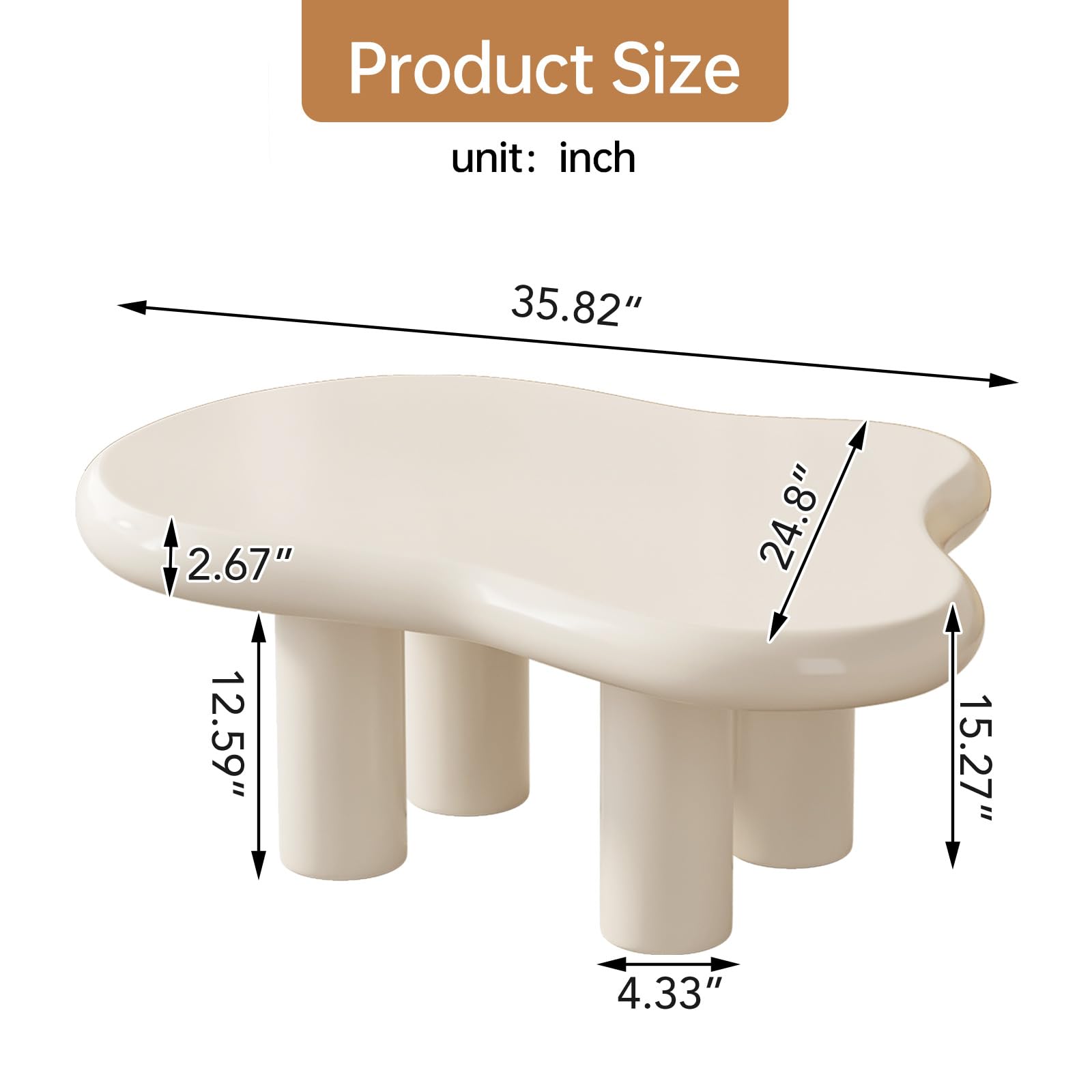 Modern White Cloud Coffee Table - Irregular Free Shape with 4 Legs, 35.82 Inch Contemporary End Table for Living Room & Lounge - Perfect for Small Spaces, Home Decor & Coffee Date Setup