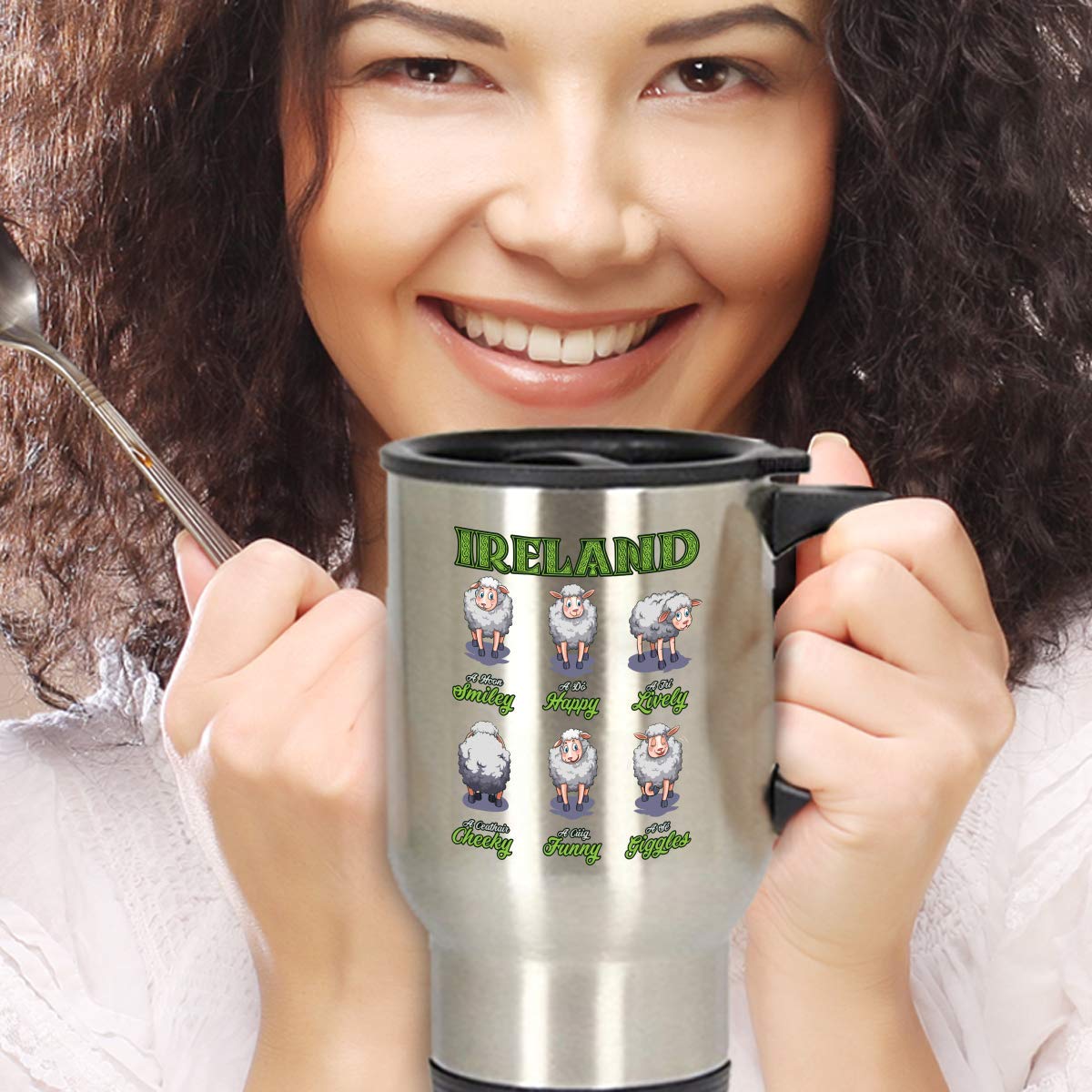 14 oz Irish Saint Patrick's Day Travel Mug - Happy Sheep Ireland Design Coffee & Tea Insulated Cup for Commuting, Office & Farming | Perfect Gift for Irish Heritage Lovers