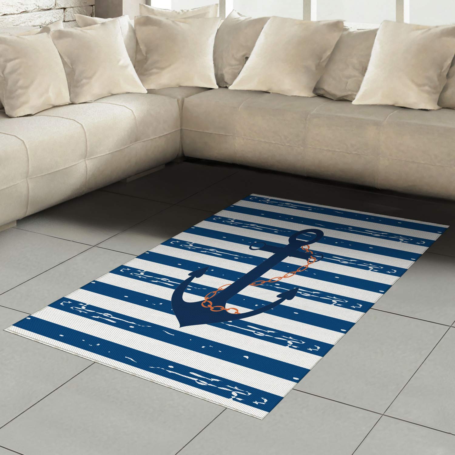 Ambesonne Nautical Anchor Area Rug - Blue and White Striped Marine Life Design, 4' x 5' 7