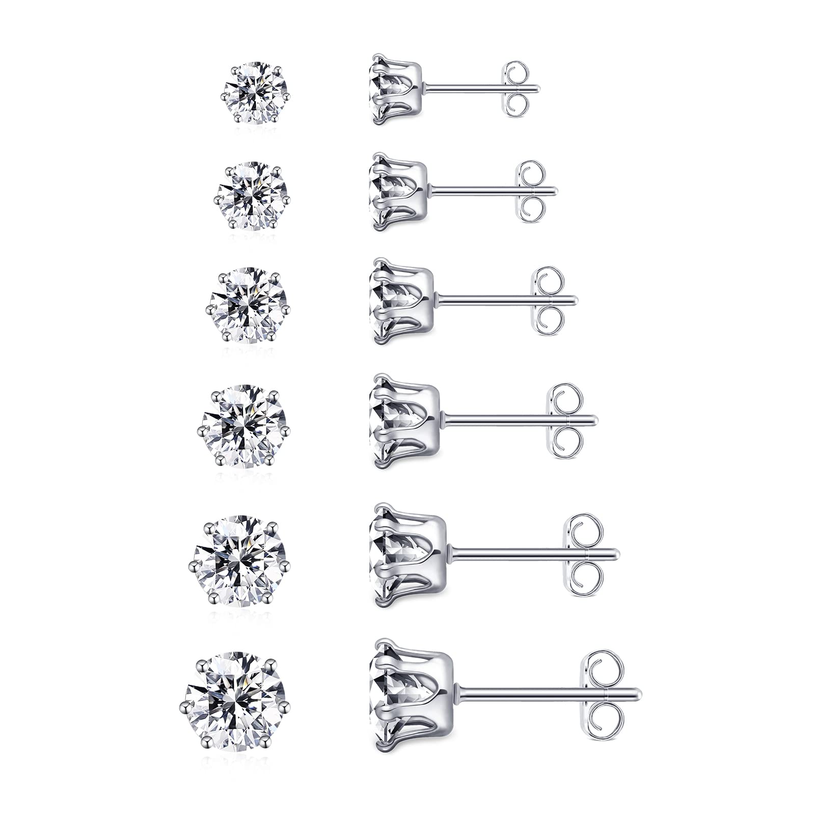 6 Pairs Small Hypoallergenic Cubic Zirconia Stud Earrings for Women - Silver CZ Surgical Stainless Steel Earrings Set - Perfect for Everyday Wear, Gift Giving & Special Occasions