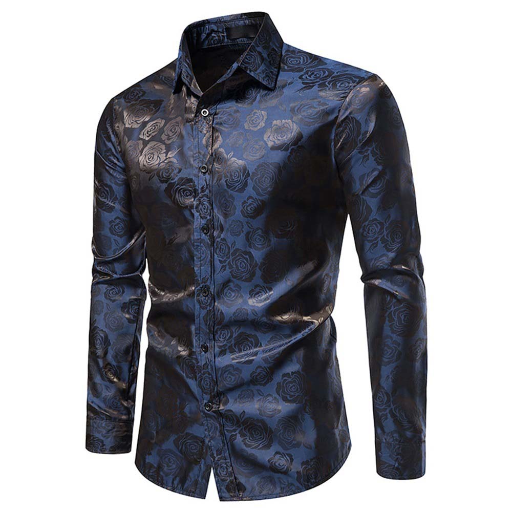 Men's Slim Fit Rose Printed Casual Shirt - Stylish Blue Button Down Shirt for Work, Date & Everyday Wear