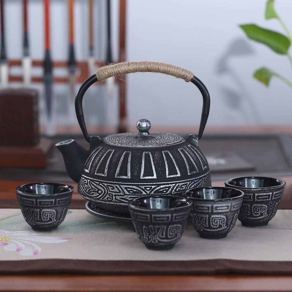 Premium Japanese Style Cast Iron Teapot Set with Infuser - 28oz Enameled Interior Tea Kettle & 4 Matching Teacups - Stovetop Safe Black Iron Teapot - Perfect for Tea Ceremonies, Home Decor & Thoughtful Gifts