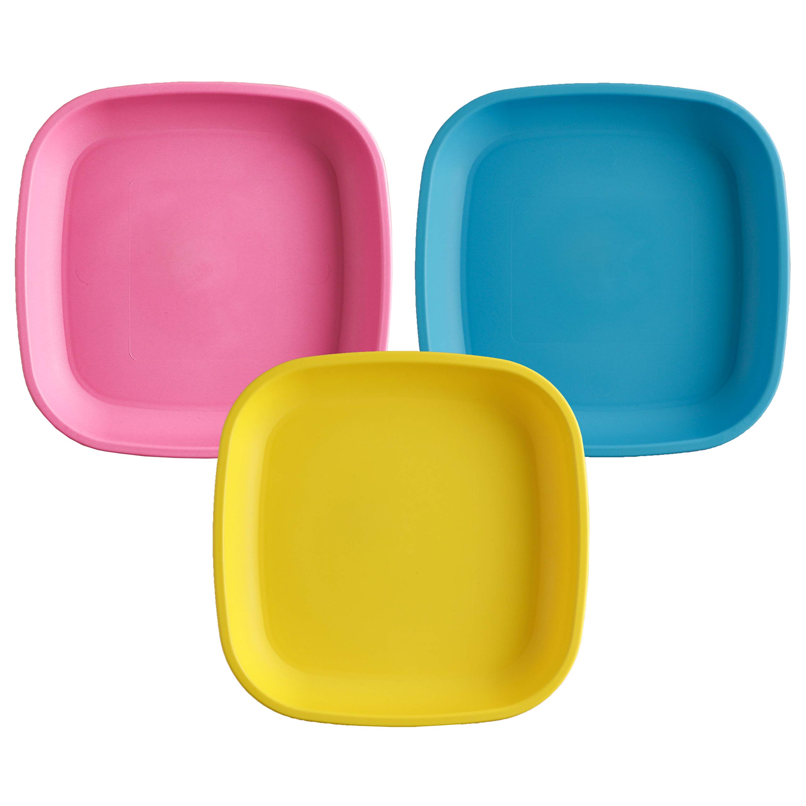 RE-PLAY USA Made Eco-Friendly Recycled Plastic Deep Walled Flat Plates - BPA Free, Dishwasher & Microwave Safe - Bright Pink, Sky Blue & Yellow (3-Pack) - Perfect for Easter Celebrations, Kids' Meals & Everyday Durable Tableware