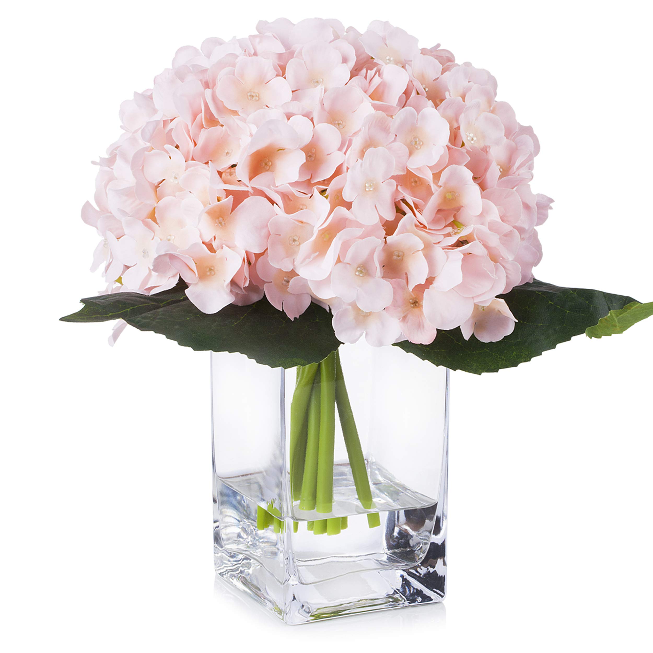Premium Artificial Hydrangea Silk Flower Arrangement in Glass Cube Vase - Elegant Home & Wedding Decor (Blush Pink) | Perfect for Centerpieces, Table Decor, Living Room Accents & Bridal Shower Decorations