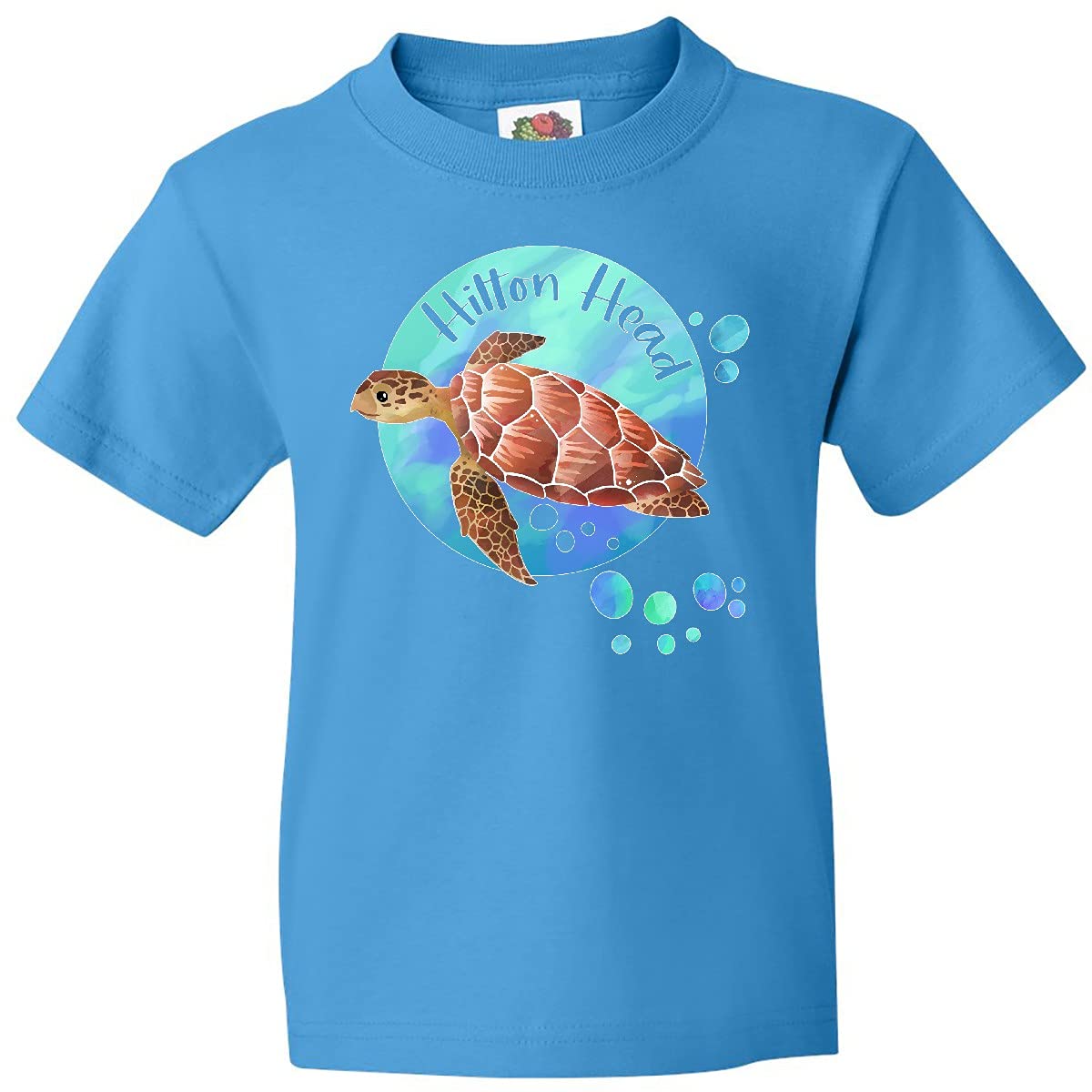 Inktastic Hilton Head Sea Turtle and Bubbles Youth T-Shirt | Cute Kids Graphic Tee | Soft Cotton Short Sleeve Shirt for Boys & Girls | Beach Vacation, Summer Outfit, Casual Wear
