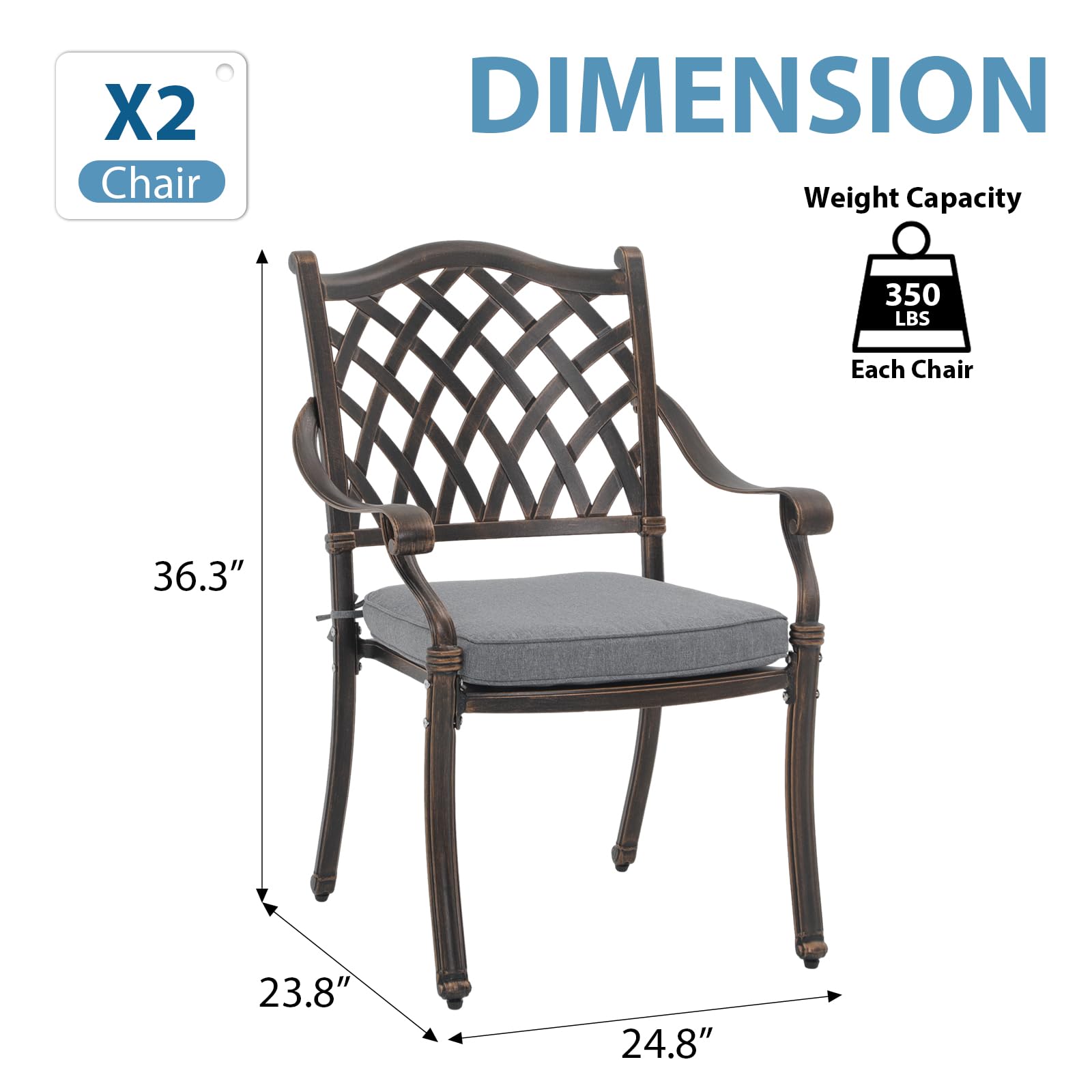 JOIVI 2-Piece Cast Aluminum Patio Chairs Set with Cushions & Armrests - Outdoor Dining Metal Chairs for Garden, Backyard, Lawn or Indoor Use - Durable Lattice Design for Relaxing & Entertaining