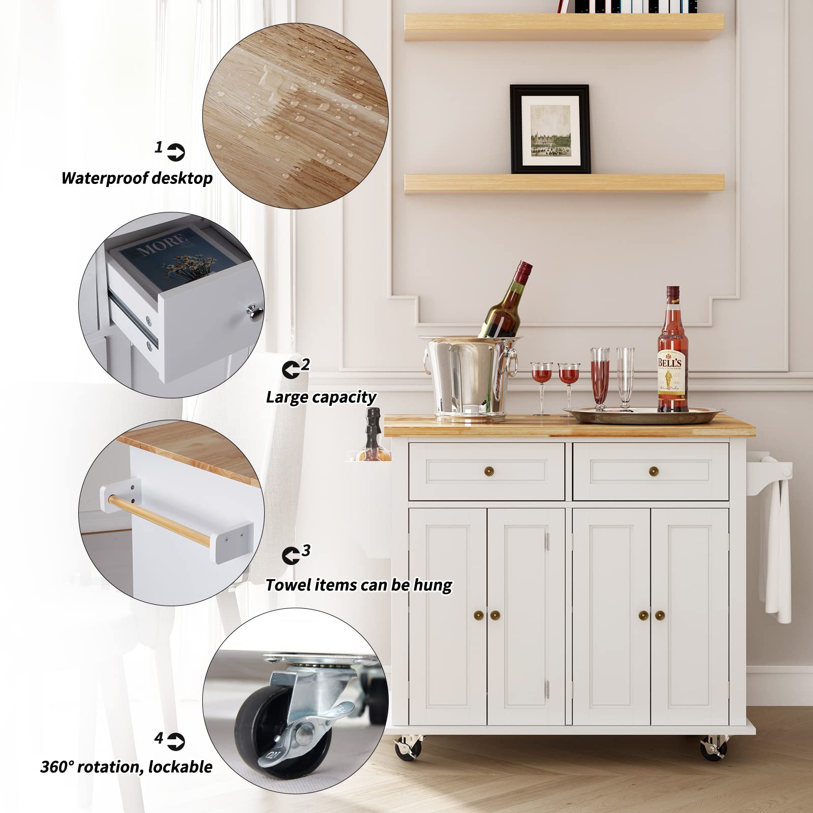 DlandHome Rolling Kitchen Island Cart with Storage Drawer, Wheels, Towel Holder & Spice Rack - Mobile Kitchen Organizer for Small Spaces, Apartments & Cooking Prep