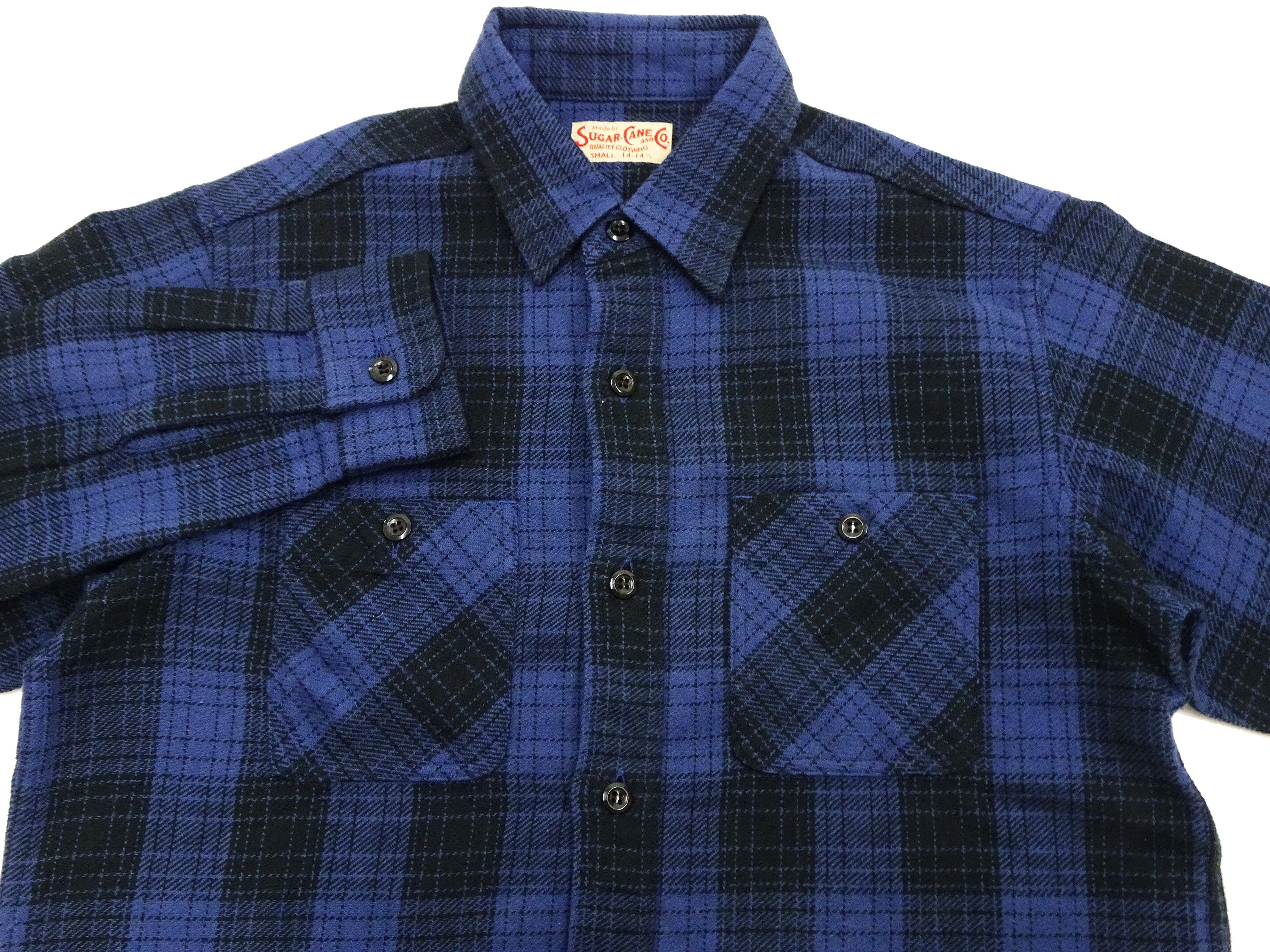 Men's Sugar Cane Plaid Flannel Shirt - Mediumweight Cotton Twill Long Sleeve Button Up Work Shirt SC29358 in Navy Blue - Perfect for Outdoor Work, Casual Wear & Fall Layering