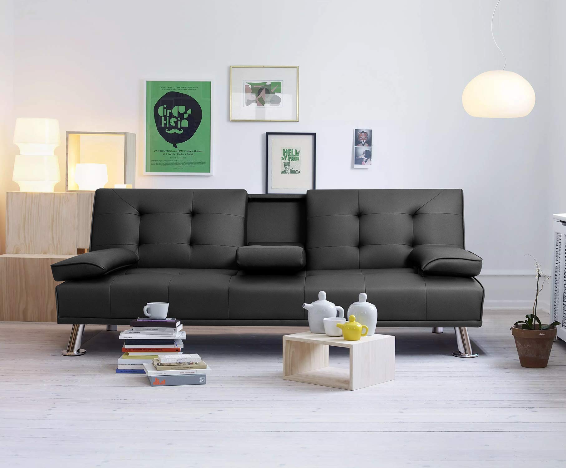 Modern Faux Leather Convertible Futon Sofa Bed - Foldable Recliner Lounge Couch with 2 Cup Holders & Armrests for Living Room, Guest Room, or Small Space