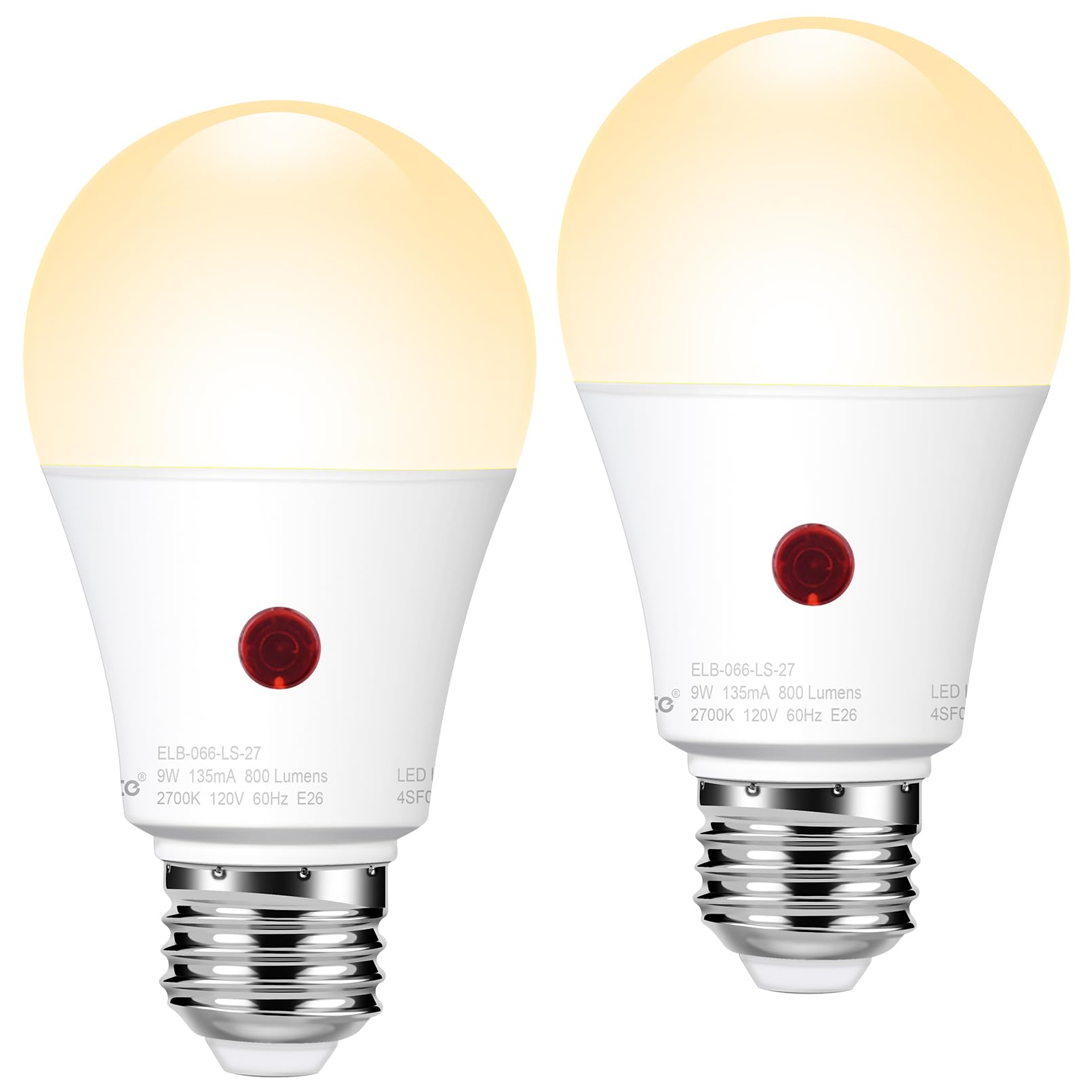 Emotionlite Dusk to Dawn Sensor LED Light Bulbs - 2 Pack, 60W Equivalent (9W), Warm White 2700K, A19 Size, E26 Medium Base, Auto On/Off - Perfect for Outdoor, Garage, Hallway, Basement & Porch Lighting