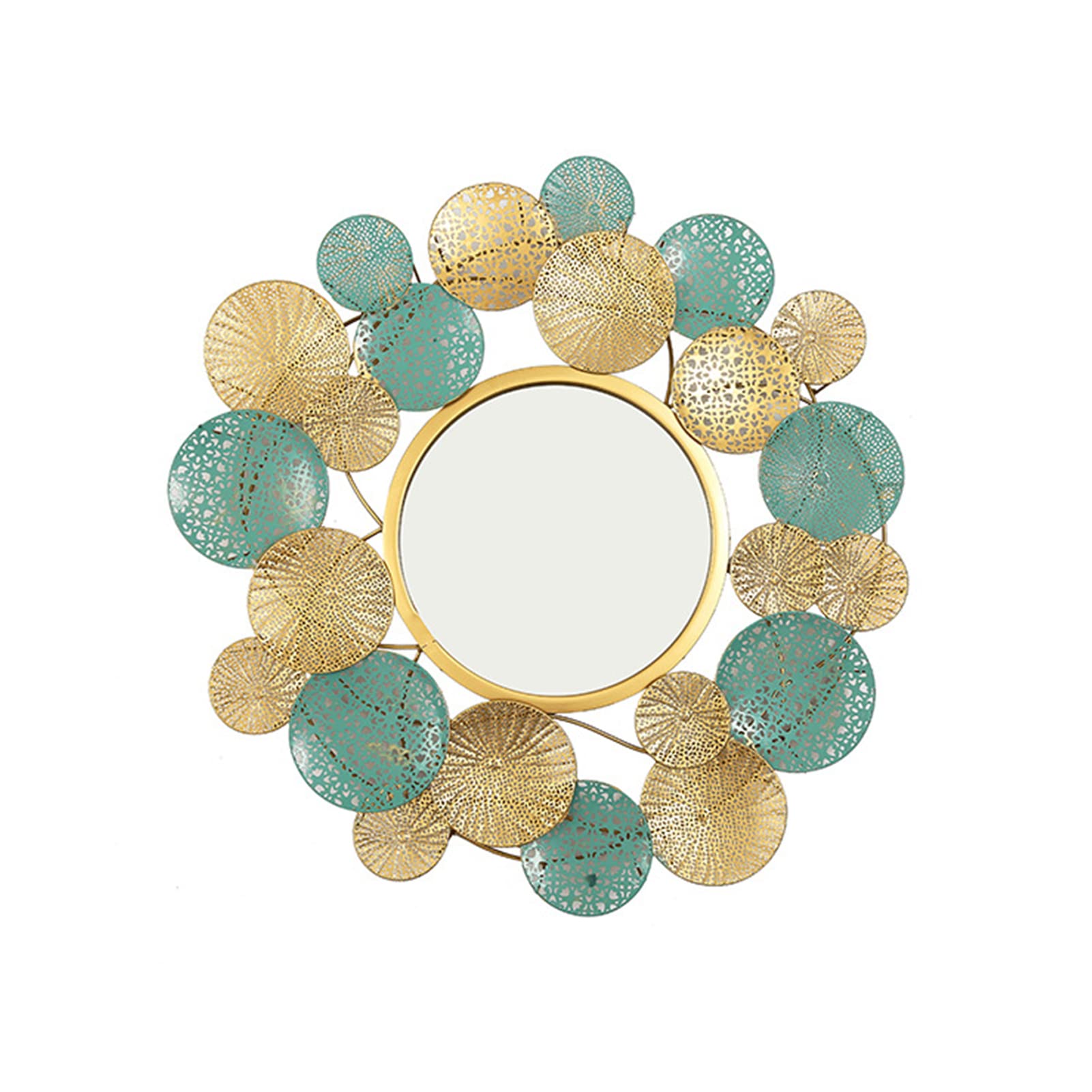 Stylish Round Metal Wall Mirror with Gold & Green Circle Ring - Sunburst Decorative Mirror for Bedroom, Bathroom, Living Room | Perfect for Home Decor & Accent Walls