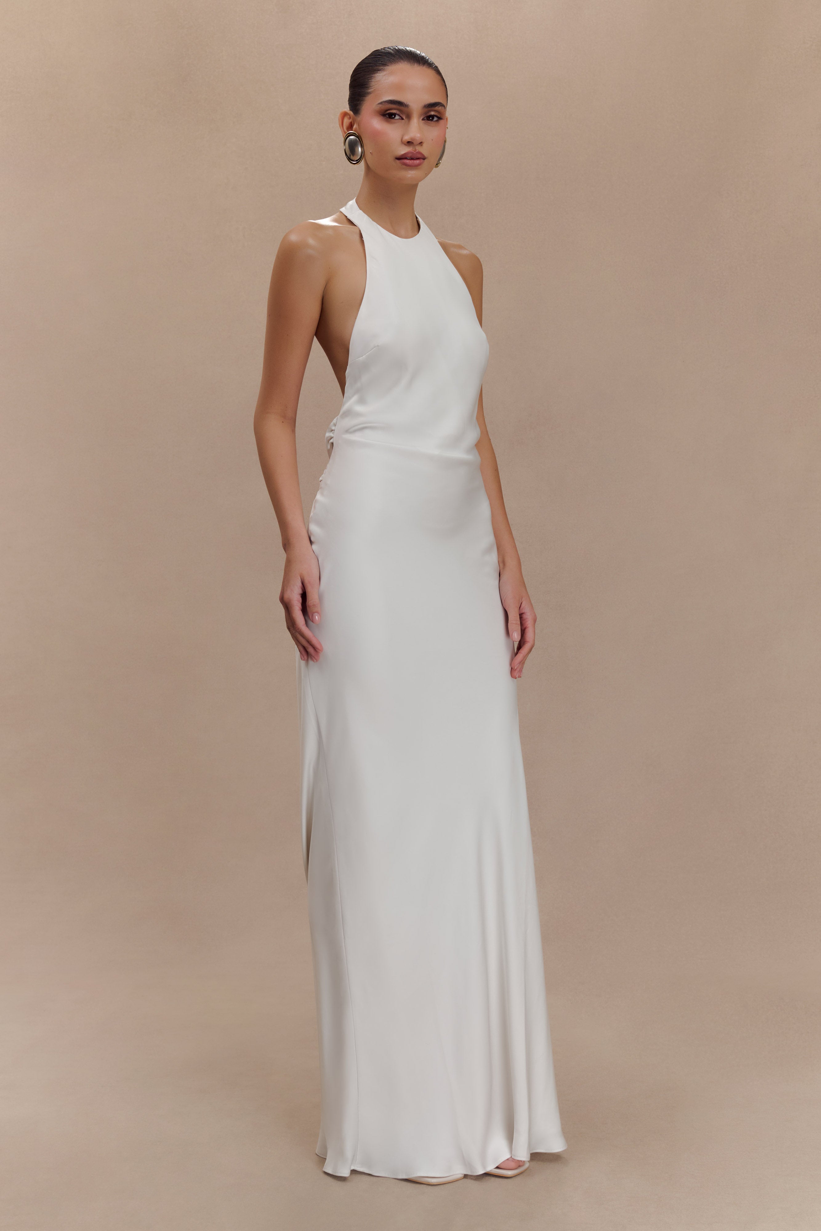Rinna Women's Satin Halter Maxi Dress - Elegant Ivory Long Formal Gown for Evening Parties, Weddings & Special Occasions