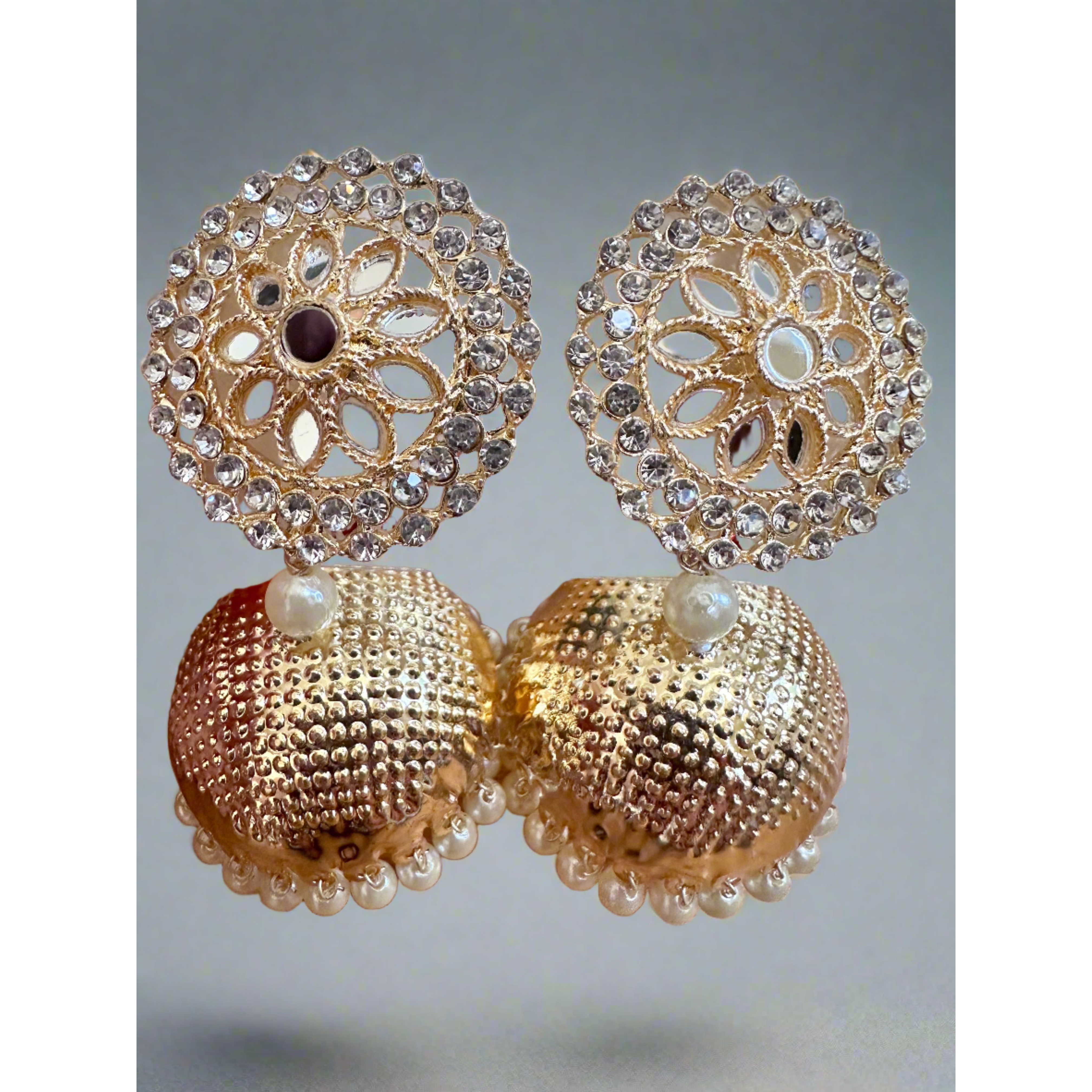 Exquisite White Stones, Pearls & Gold Jhumka Earrings for Women | Traditional Indian Jewelry for Weddings & Festive Occasions