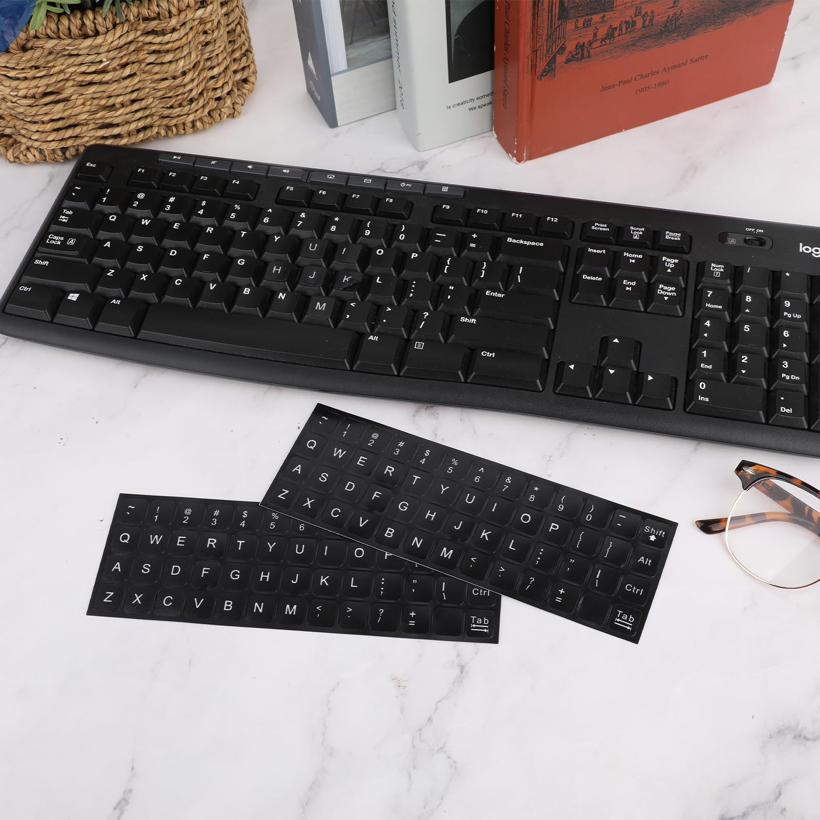 4-Pack Universal English Keyboard Stickers - Matte Black with White Letters for Laptop, Desktop & Computer | Durable Keyboard Letter Replacement Stickers for Typing, Coding & Office Work