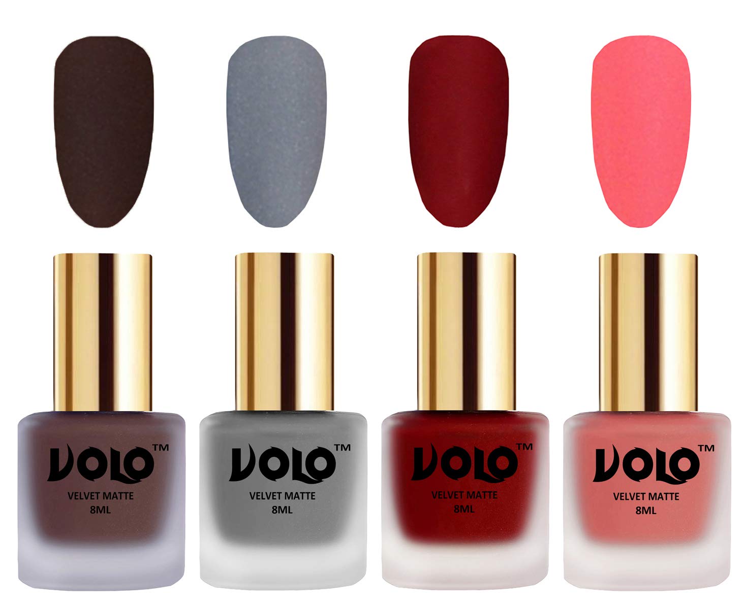 Volo Velvet Matte Nail Polish Set - Pack of 4 (Chocolate Brown, Grey, Tomato Red, Dark Peach) 32ml Each | Long-Lasting, Non-Chip Formula for Parties, Weddings & Special Occasions