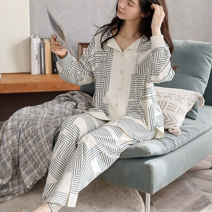 Bohemian Stripes Print Women's Pajama Set - Soft Cotton V-Neck Sleepwear for Autumn & Winter - Cozy Nightwear for Home, Lounge & Sleep