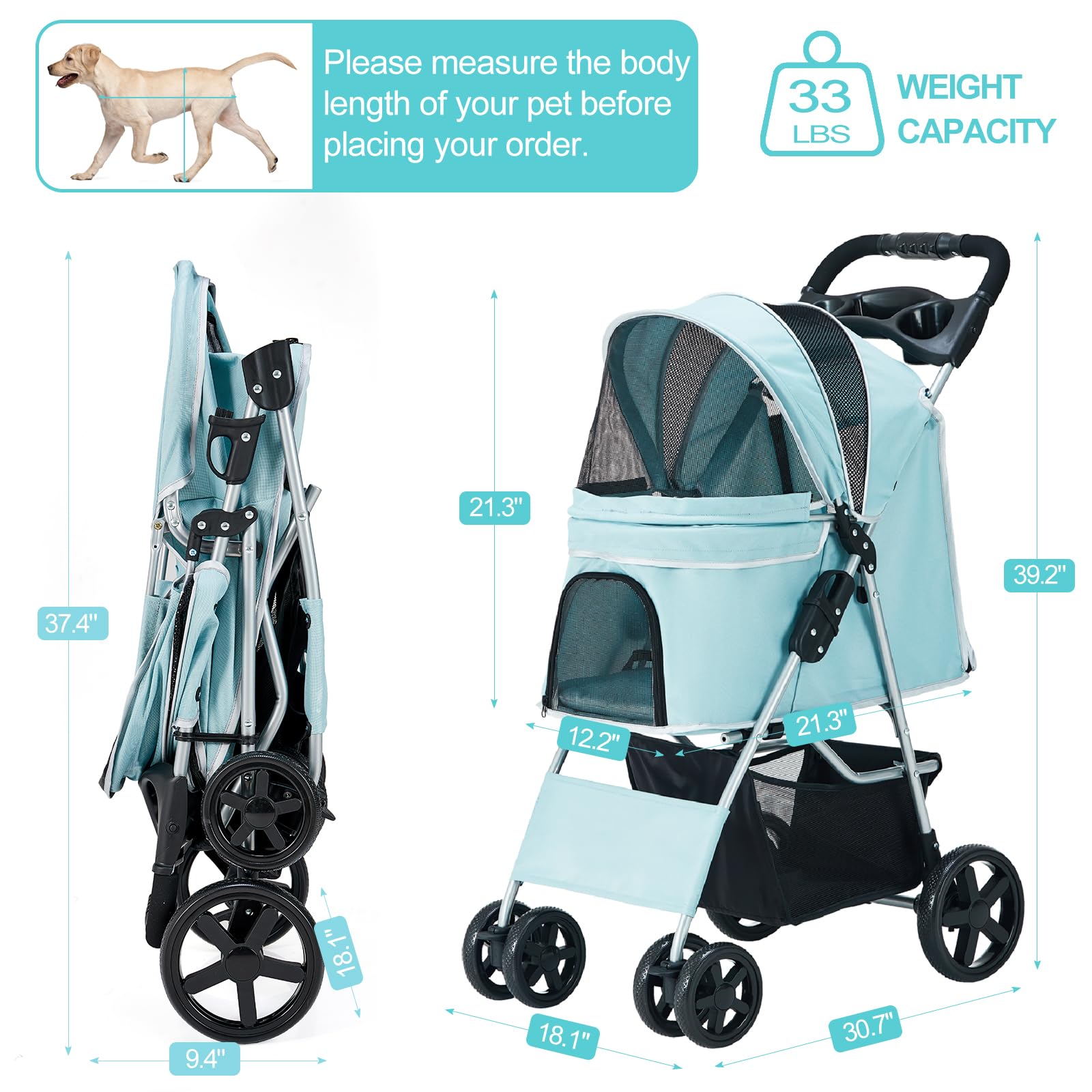 Premium Folding Pet Stroller for Small & Medium Dogs & Cats - 4-Wheel Light Blue Jogger with Cup Holder & Storage Basket | Perfect for Outdoor Walks, Shopping & Vet Visits