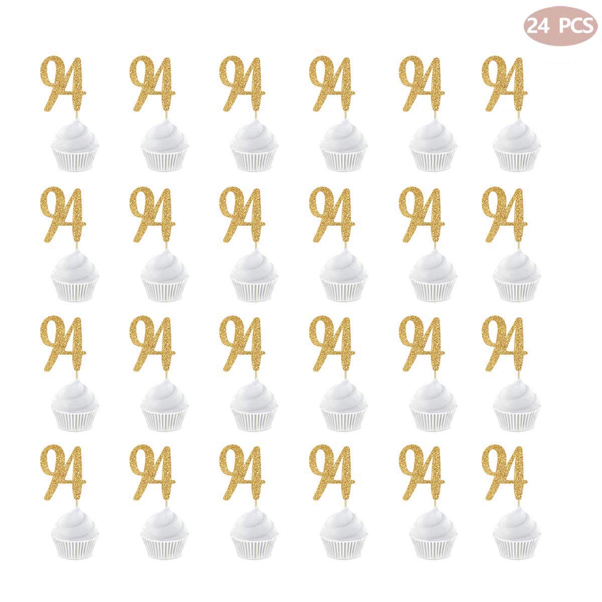 24-Pack Gold Happy 94th Birthday Cupcake Toppers with Glitter Numbers - 94th Birthday Party Decorations for Grandparents, Milestone Celebrations & Anniversary Cakes