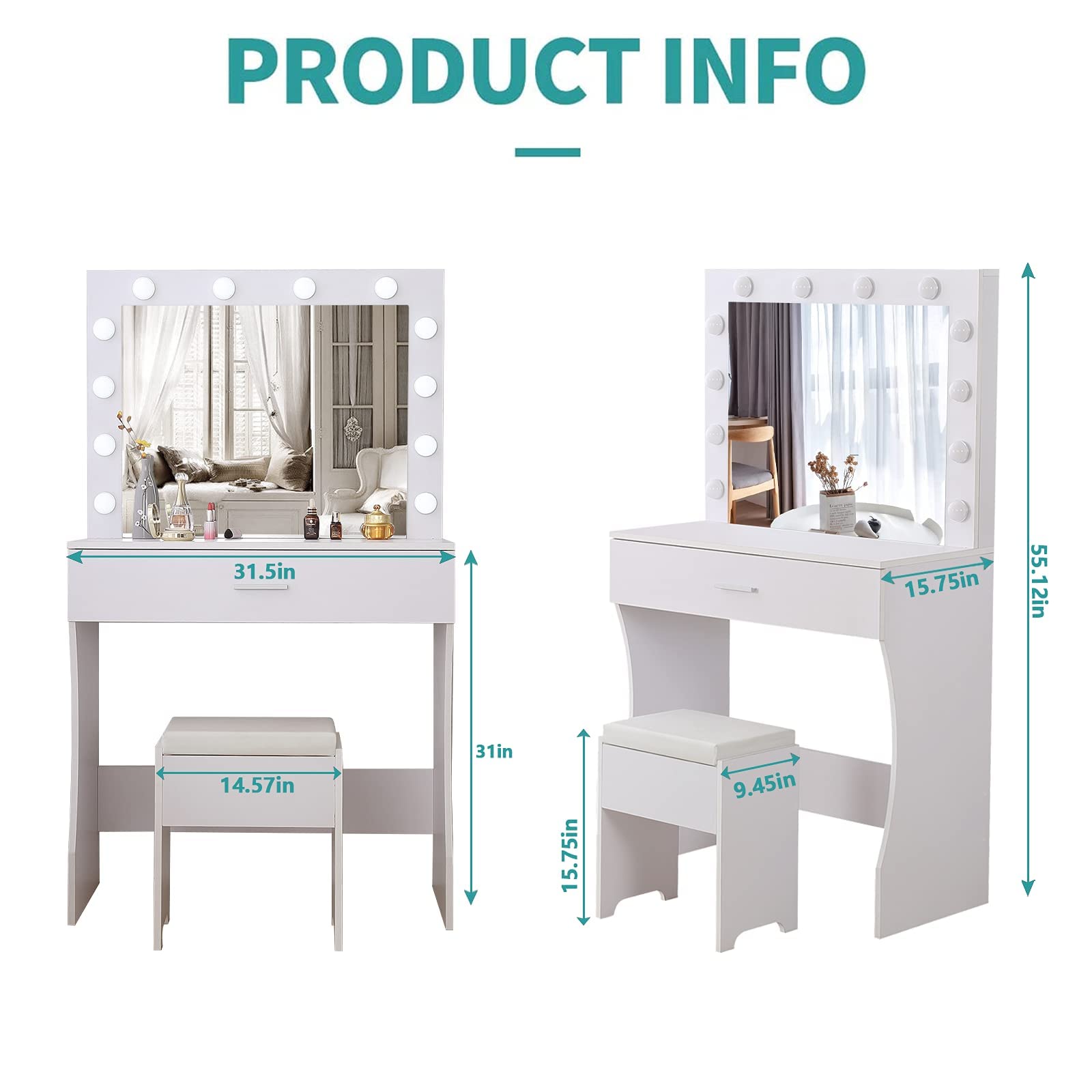 Vabches Makeup Vanity with LED Lights - Adjustable Brightness Dressing Table with Large Drawer, Sturdy White Vanity Desk for Bedroom, Studio, or Home Salon - Perfect for Makeup Application, Skincare Routine, and Self-Care Space