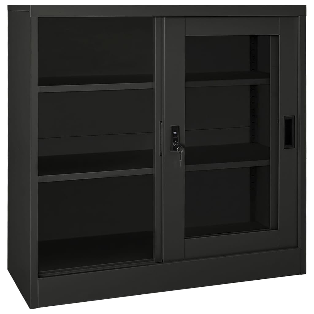 vidaXL Sliding Door Cabinet in Anthracite - Heavy-Duty Steel & Tempered Glass Storage Cabinet with Lock - Adjustable Shelves for Files & Documents - Space-Saving Office/Home Organization Solution - Perfect for Home Office, Living Room, or Bedroom Storage