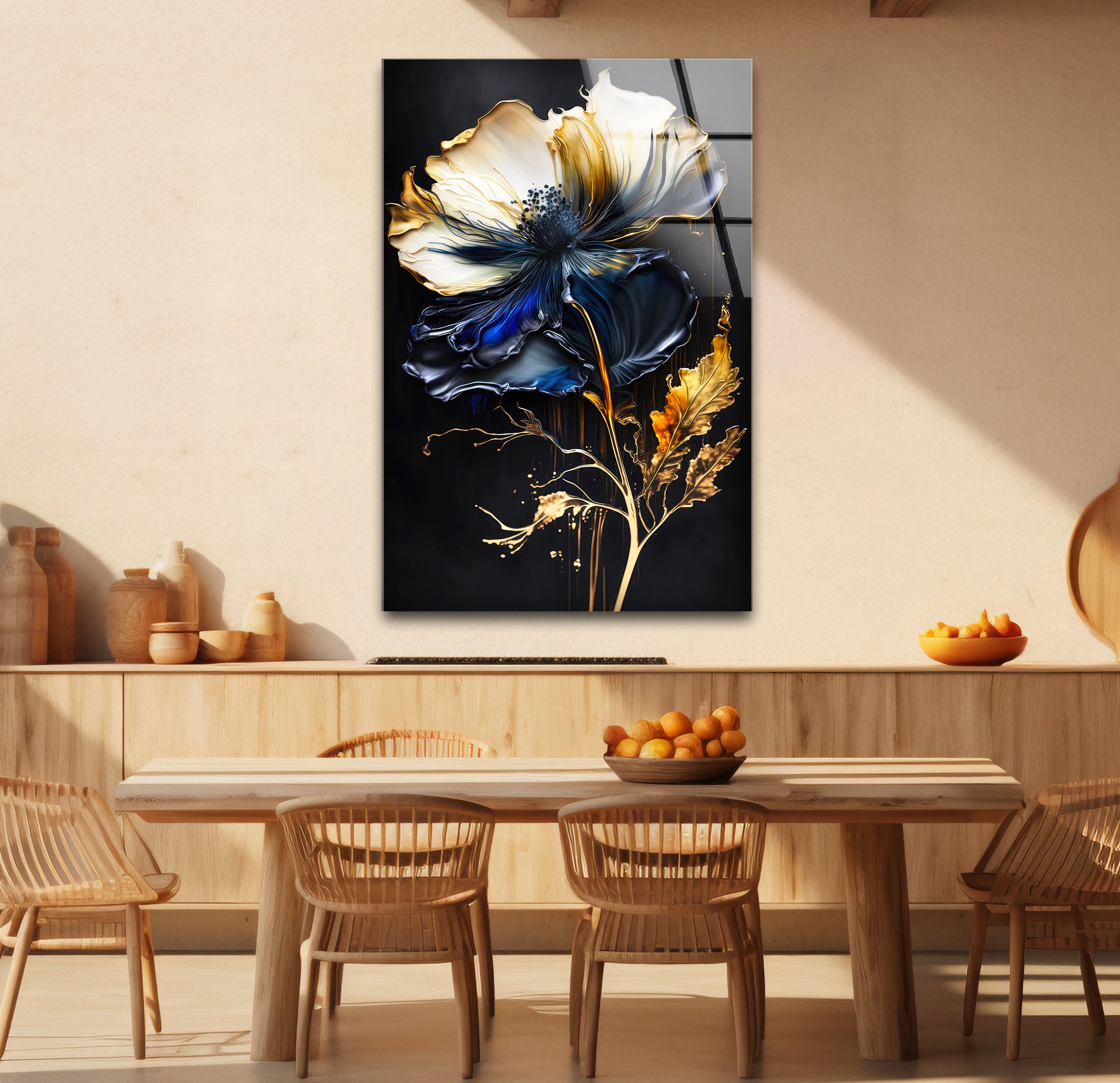 Blue and Gold Floral Wall Art - Elegant Dark Botanical Glass Print for Modern Luxury Home Decor | Perfect for Living Room, Bedroom & Office Wall Decor
