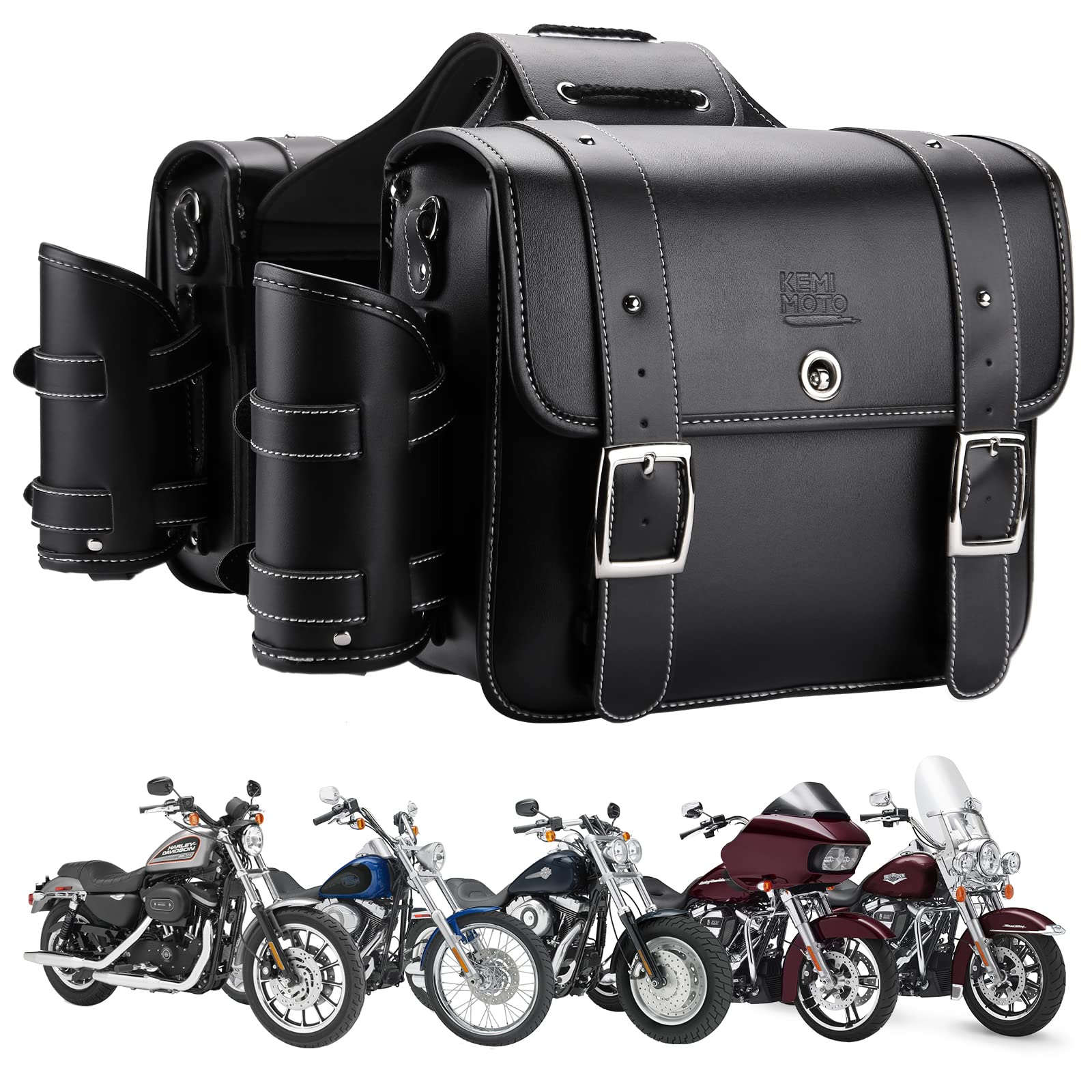 KEMIMOTO 20L Universal Motorcycle Saddlebags - Faux Leather Throw Over Side Luggage Bags with Cup Holder for Harley Sportster, Softail, Dyna, Rebel & Shadow (Black) - Perfect for Long Rides, Commuting & Road Trips