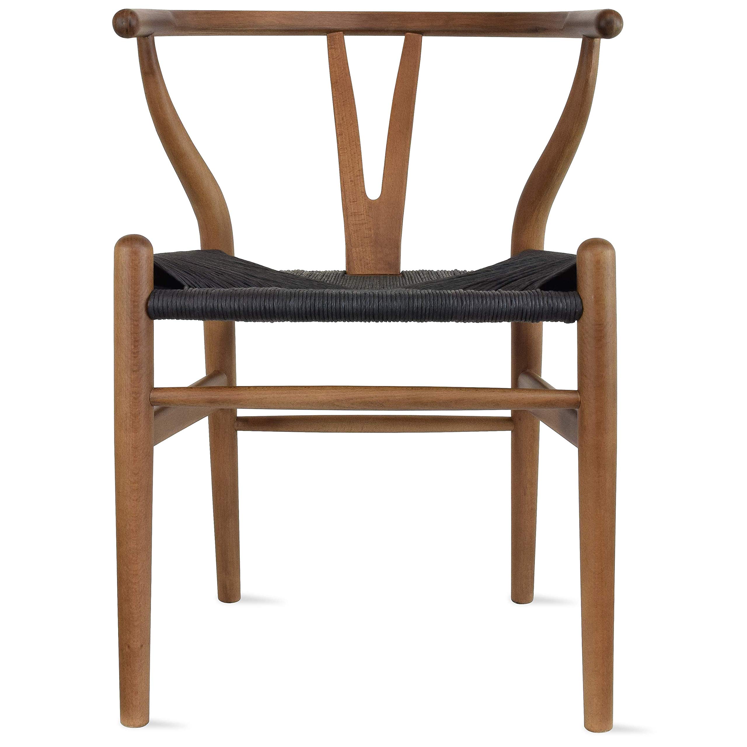 2xhome Mid Century Modern Wishbone Wood Armchair with Woven Black Seat - Open Y Back Dining Chair for Living Room, Office & Desk - Set of 2 Contemporary Chairs with Arms