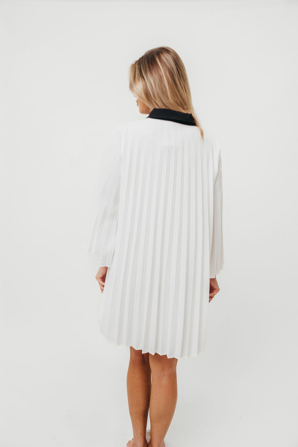 Monique Pleated Shirt Dress for Women - Ivory & Black Flowy Midi Dress with Belt | Office Wear, Spring Outfits, Casual Chic Style