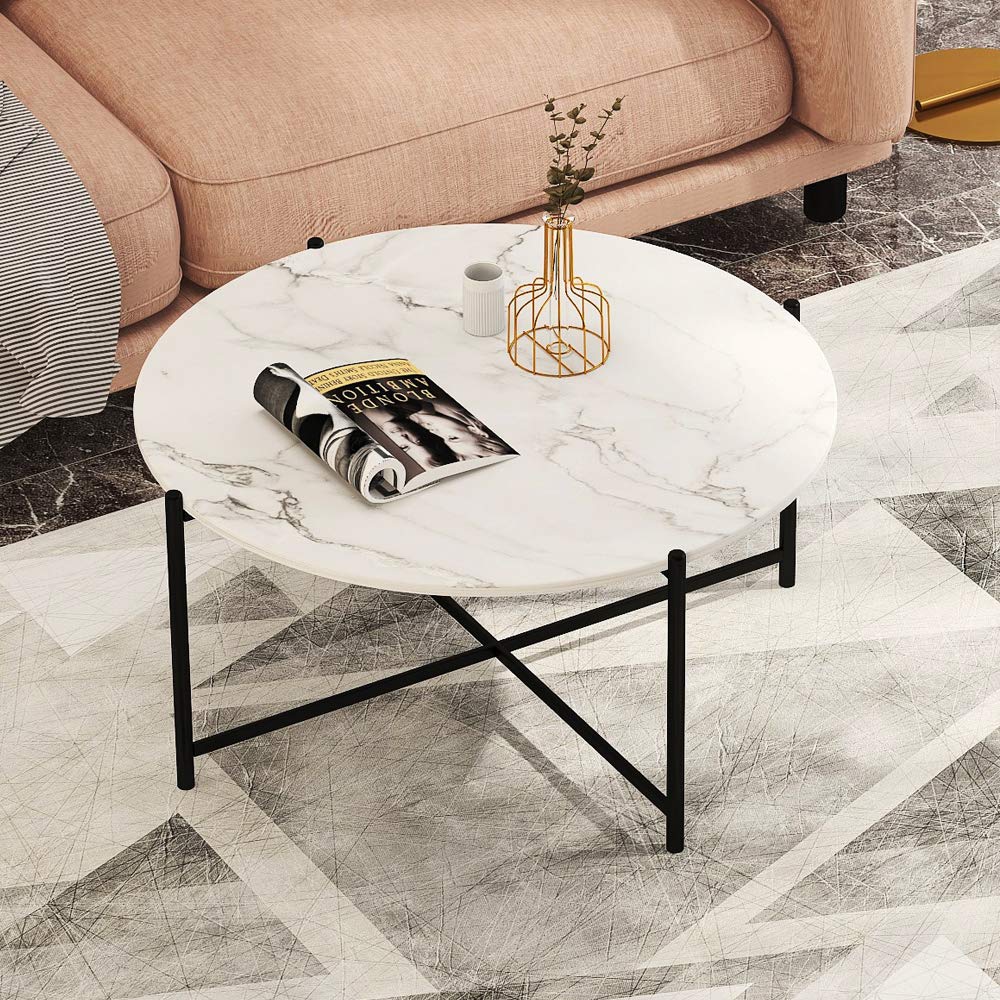 Modern Round Coffee Table - Industrial Style Cocktail Table & Pedestal Desk for Living Room, Office & Study | Durable Metal Frame in White | Perfect for Small Spaces, Coffee Shops & Home Offices