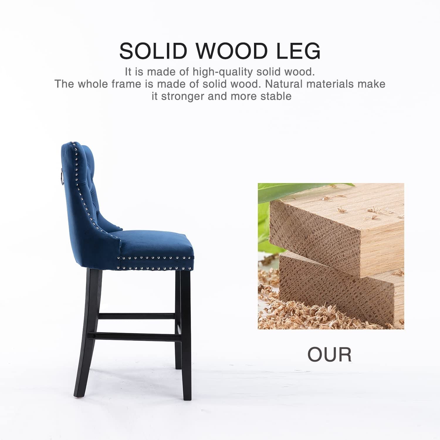 Velvet Bar Stools with Studs Trim & Wooden Legs - Set of 6 Tufted Dining Chairs for Kitchen Counter, Breakfast Nook & Home Bar Decor