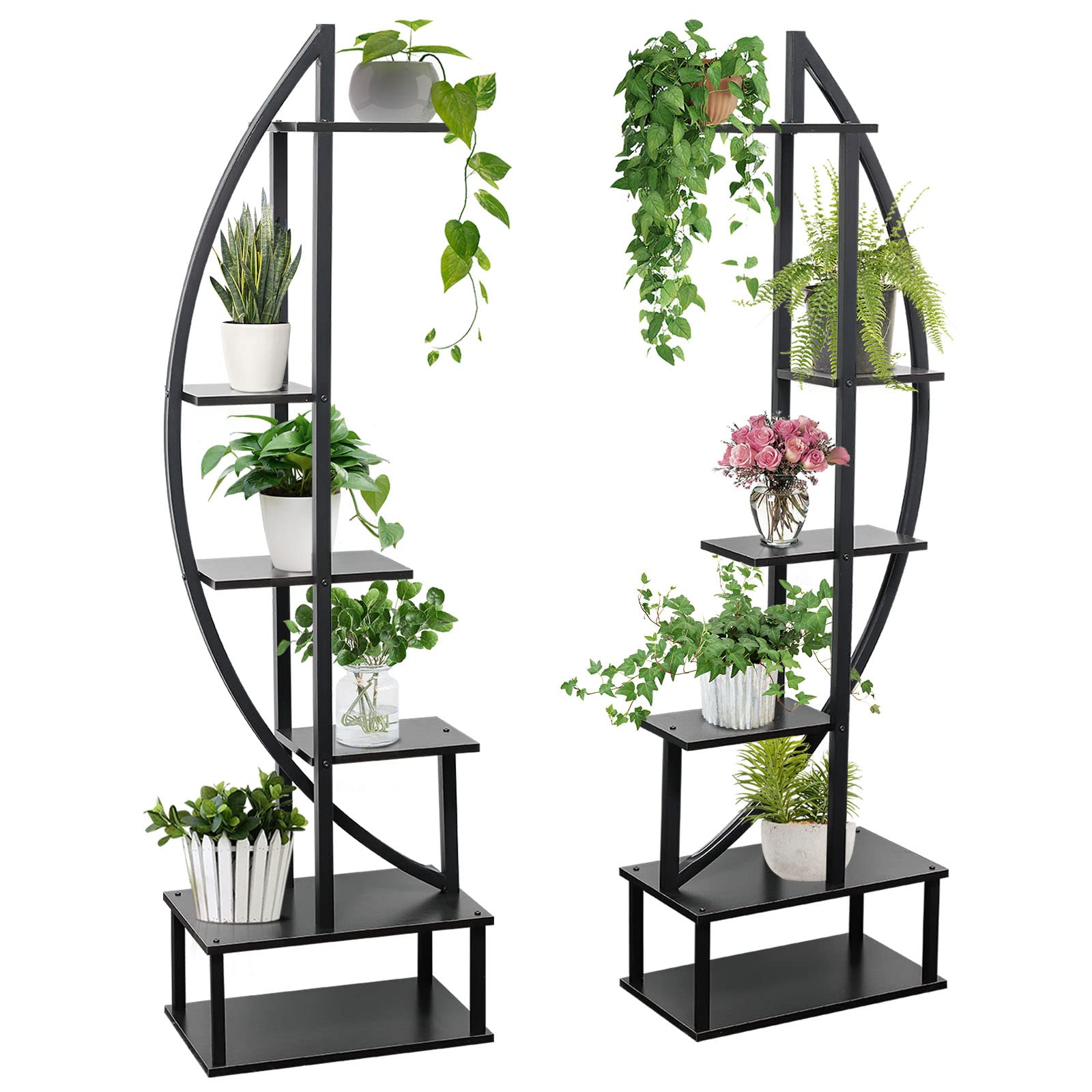 Elevens 2-Pack 6-Tier Tall Metal Indoor Plant Stand - Half Moon Shaped Plant Shelf Holder for Home Decor | Multi-Purpose Plant Display Stand for Living Room, Bedroom, Balcony & Office (Arc-Black)