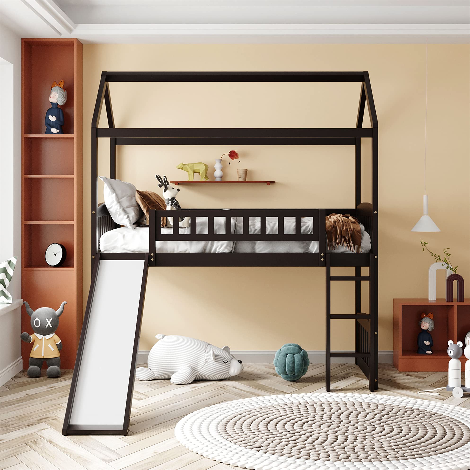 Harper & Bright Designs Twin Loft Bed with Slide & Ladder - Kids House Loft Bed with Roof & Guardrail for Toddlers & Teens - Twin Size Espresso Wood - Perfect for Small Rooms, Playrooms & Sleepovers