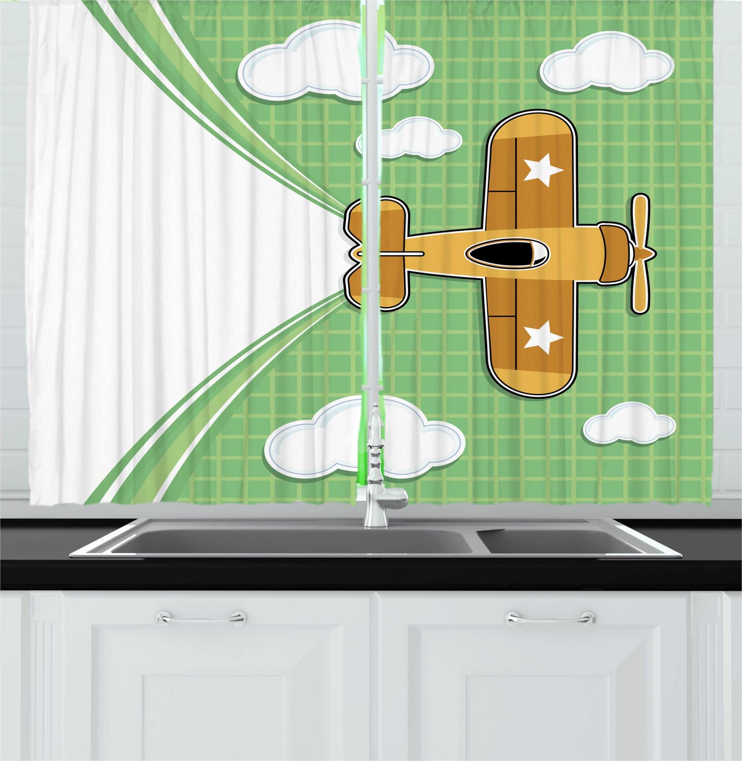 Ambesonne Airplane Long Kitchen Curtains - Funny Grid & Clouds Design, 2-Panel Rod Pocket Drapes for Nursery & Room Decor, 55x45 Inches, Sea Green & Apricot - Perfect for Kids' Bedrooms, Playrooms & Aviation-Themed Spaces