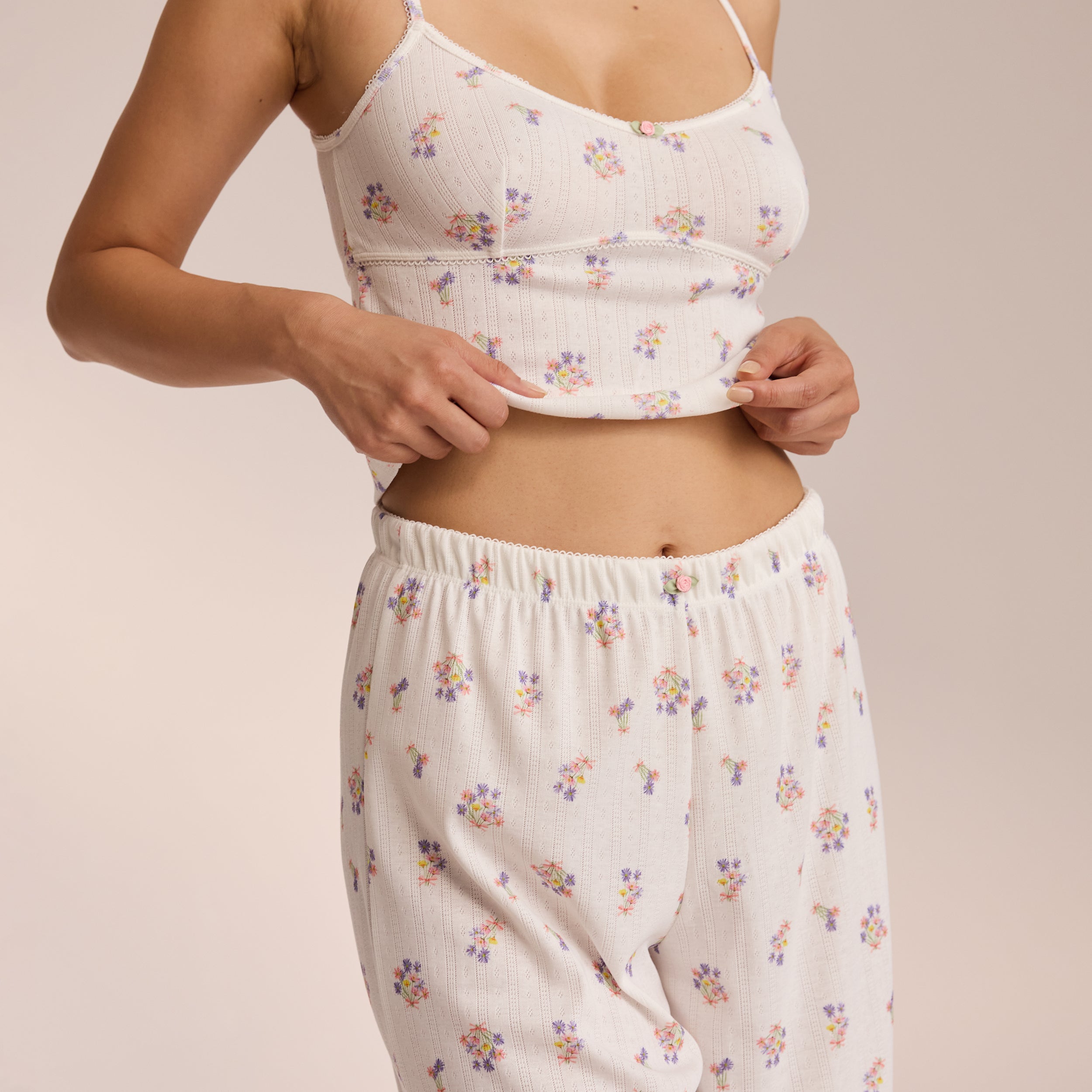 Pointelle Pajama Pants for Women - White Floral Print Sleepwear | Soft & Comfortable Lounge Pants for Relaxing at Home