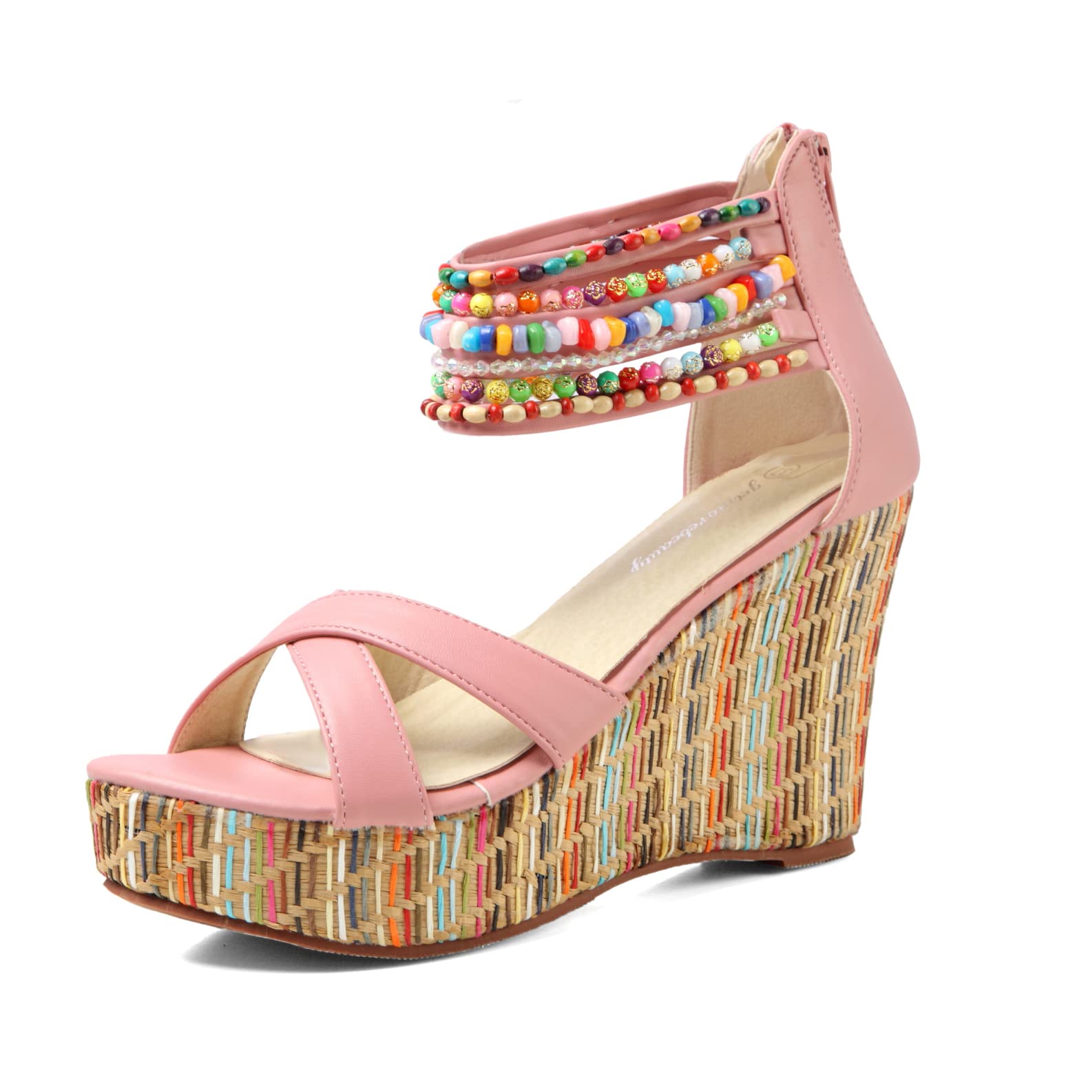 Getmorebeauty Women's Pearl Embellished Wedge Sandals - Platform High Heels for Summer, Beach & Casual Outfits