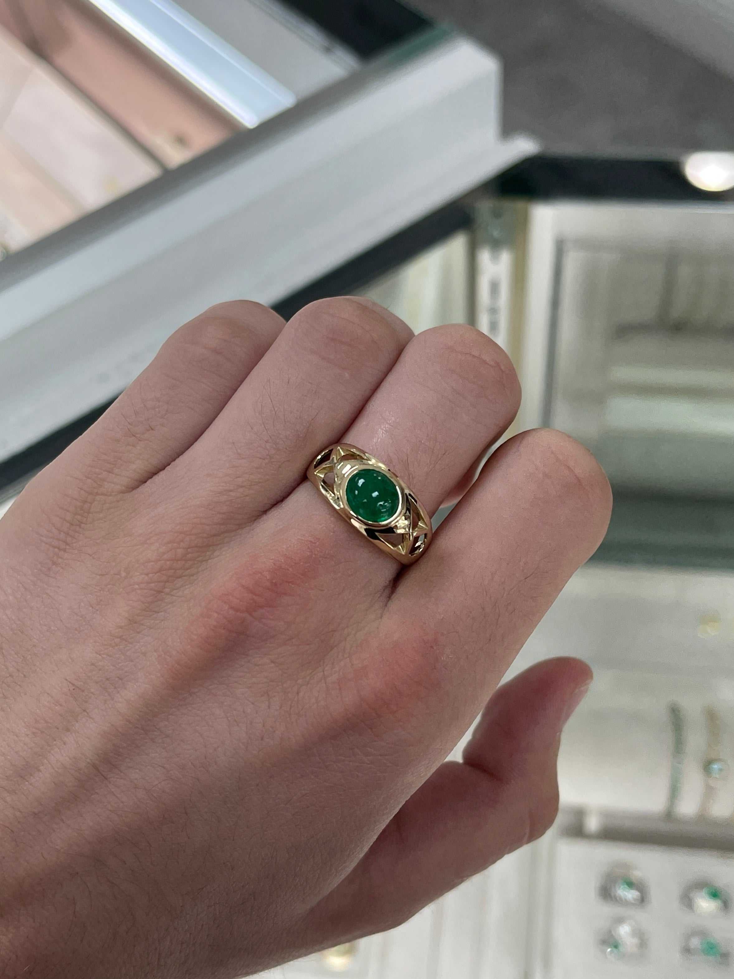 2.0 Carat Natural Green Emerald Oval Cabochon Gold Men's Ring - Elegant Handmade Jewelry for Wedding, Engagement & Special Occasions