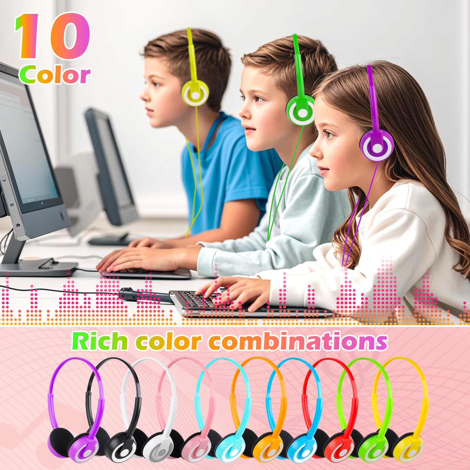 Bulk Classroom Headphones 20 Pack - Durable 3.5mm Wired Headphones for Students, Kids, Teens & Adults - Mixed Colors for School, Library & Online Learning