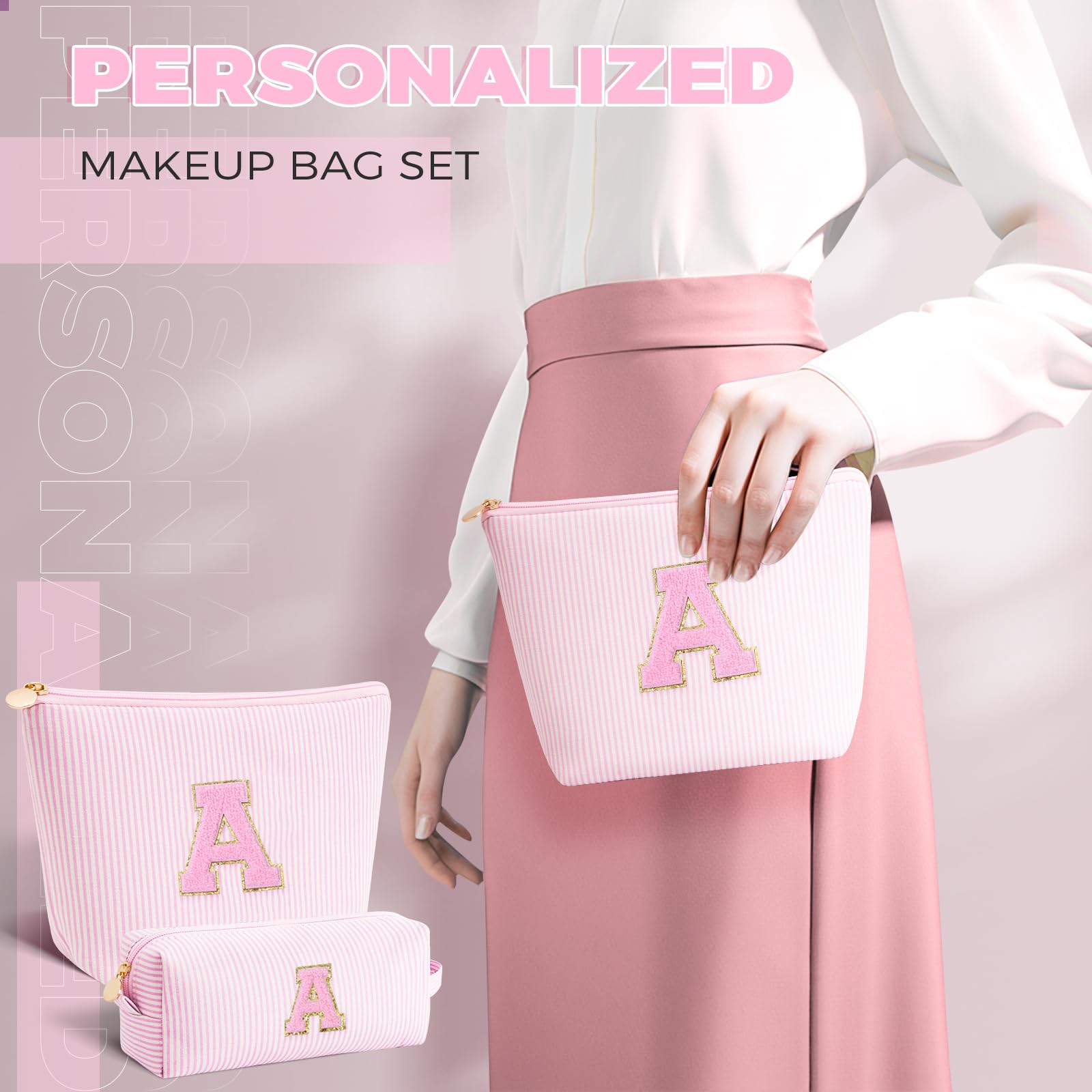 Personalized Initial Makeup Bag Set - Trendy Cosmetic & Toiletry Travel Bag for Teens | Perfect Gift for Girls Age 10-18 (Pink) | Great for School, Sleepovers, Travel & Daily Organization