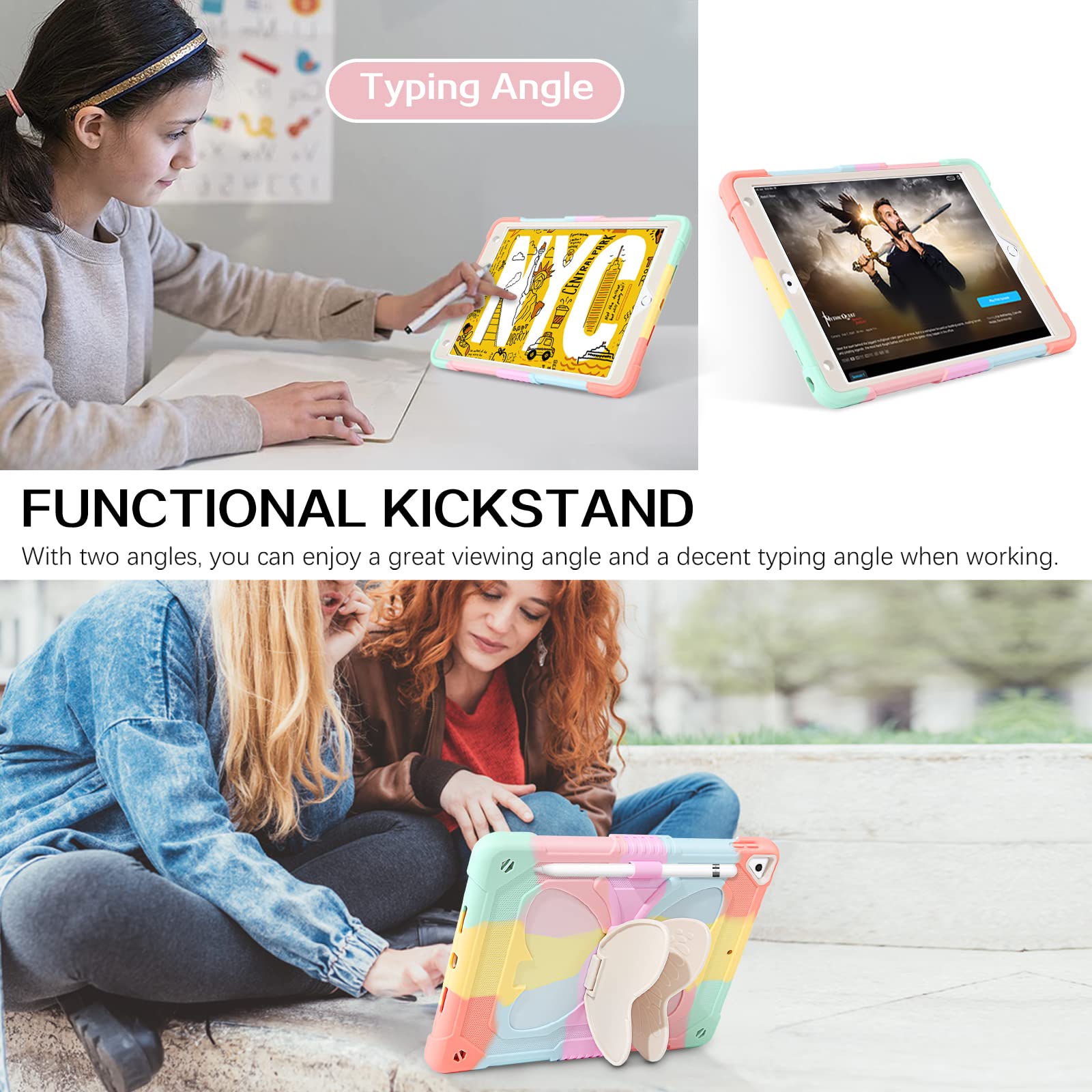 VENINGO iPad Air 2 & iPad 9.7 (5th/6th Gen) & iPad Pro 9.7 Case - Shockproof 2-in-1 Protective Cover with Stand & Pen Holder for Women - Colorful Pink | Perfect for Work, School & Travel
