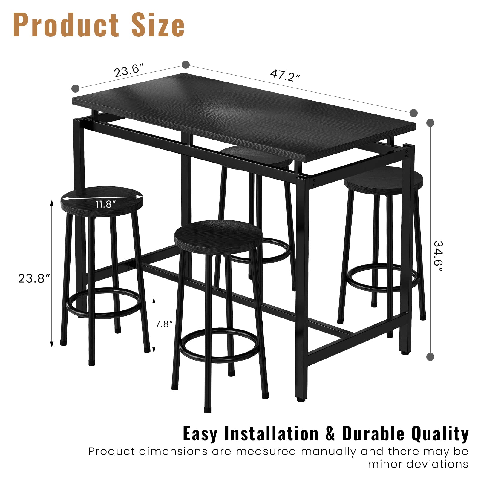 DKLGG 5-Piece Wooden Dining Table Set for 4 - Small Kitchen Table with 4 Stools, Space-Saving Bar Height Table & Chairs Set - Perfect for Breakfast Nook, Small Apartments & Cozy Dining Spaces