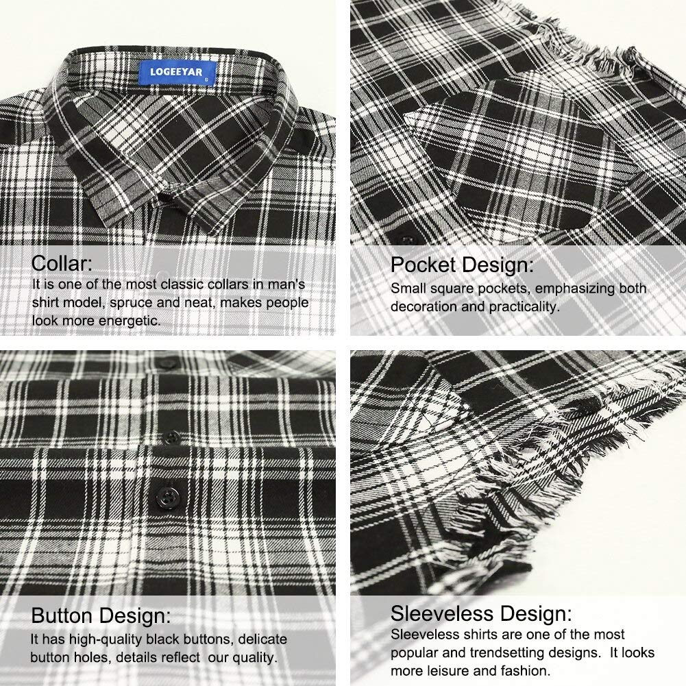 LOGEEYAR Men's Sleeveless Plaid Flannel Button Down Shirt - Casual Vest for Outdoor Activities, Summer Wear & Layering