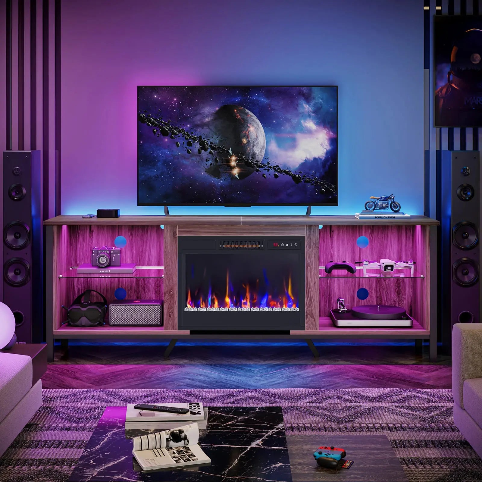 Bestier Modern LED Fireplace TV Stand with Electric Heater - 60 Inch Entertainment Center for Living Room, Bedroom & Home Theater