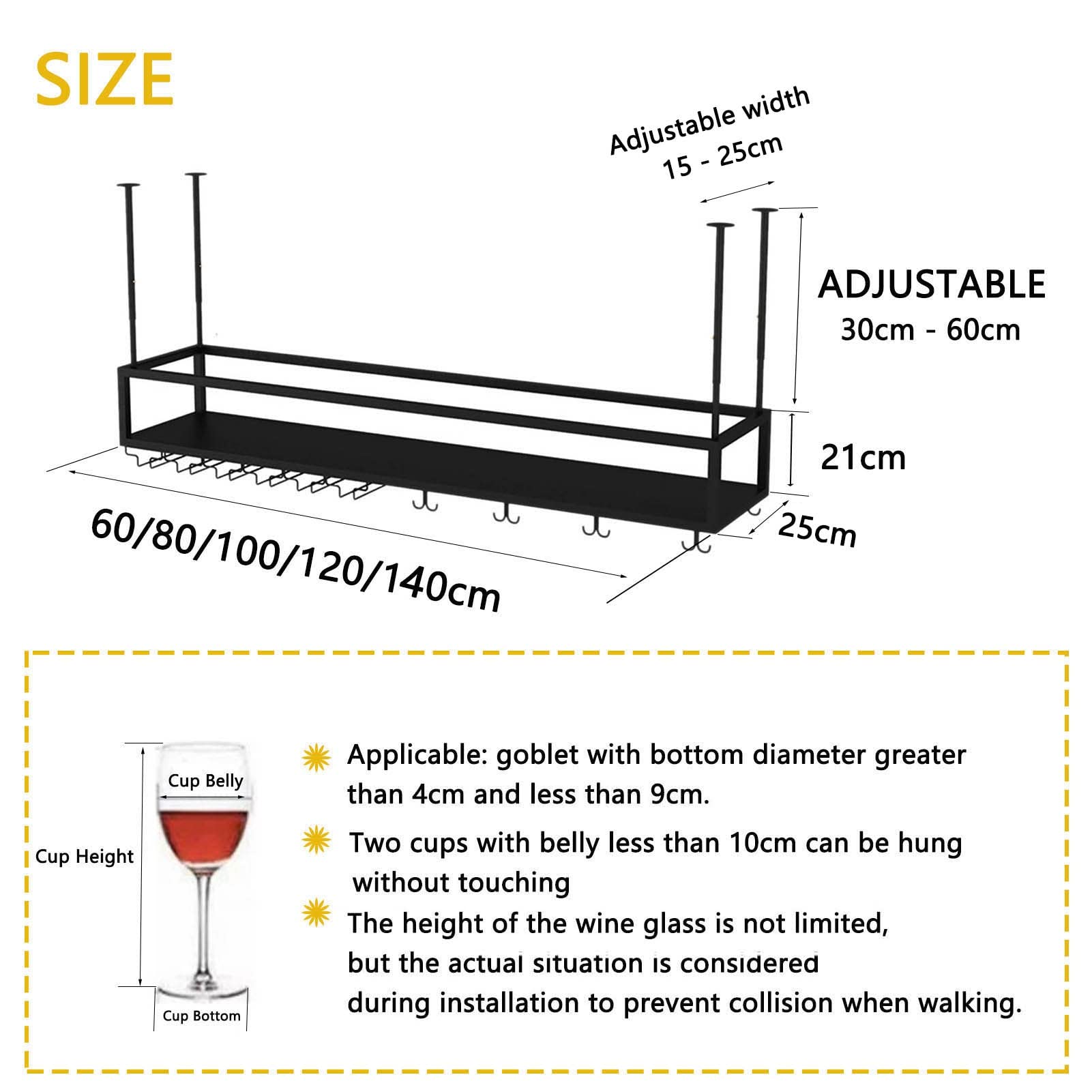Black Iron Ceiling Hanging Wine Rack - Adjustable Height (60x25x21cm) for Wine Bottles & Glass Goblets Storage | Rustic Bar, Kitchen Decor | Perfect for Dining Rooms, Restaurants & Home Wine Cellars