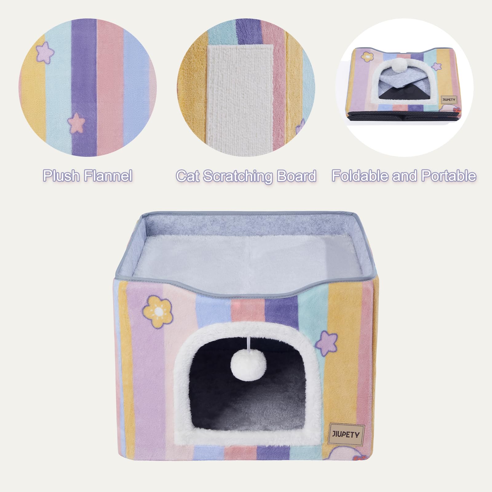 Jiupety Foldable Cat Bed for 2 Cats - Large Indoor Cat House with Scratch Pad & Toy Ball - 17in Pink Rainbow Cat Cave Cube for Hideaway - Perfect for Kittens, Multi-Cat Homes & Cozy Nap Spaces