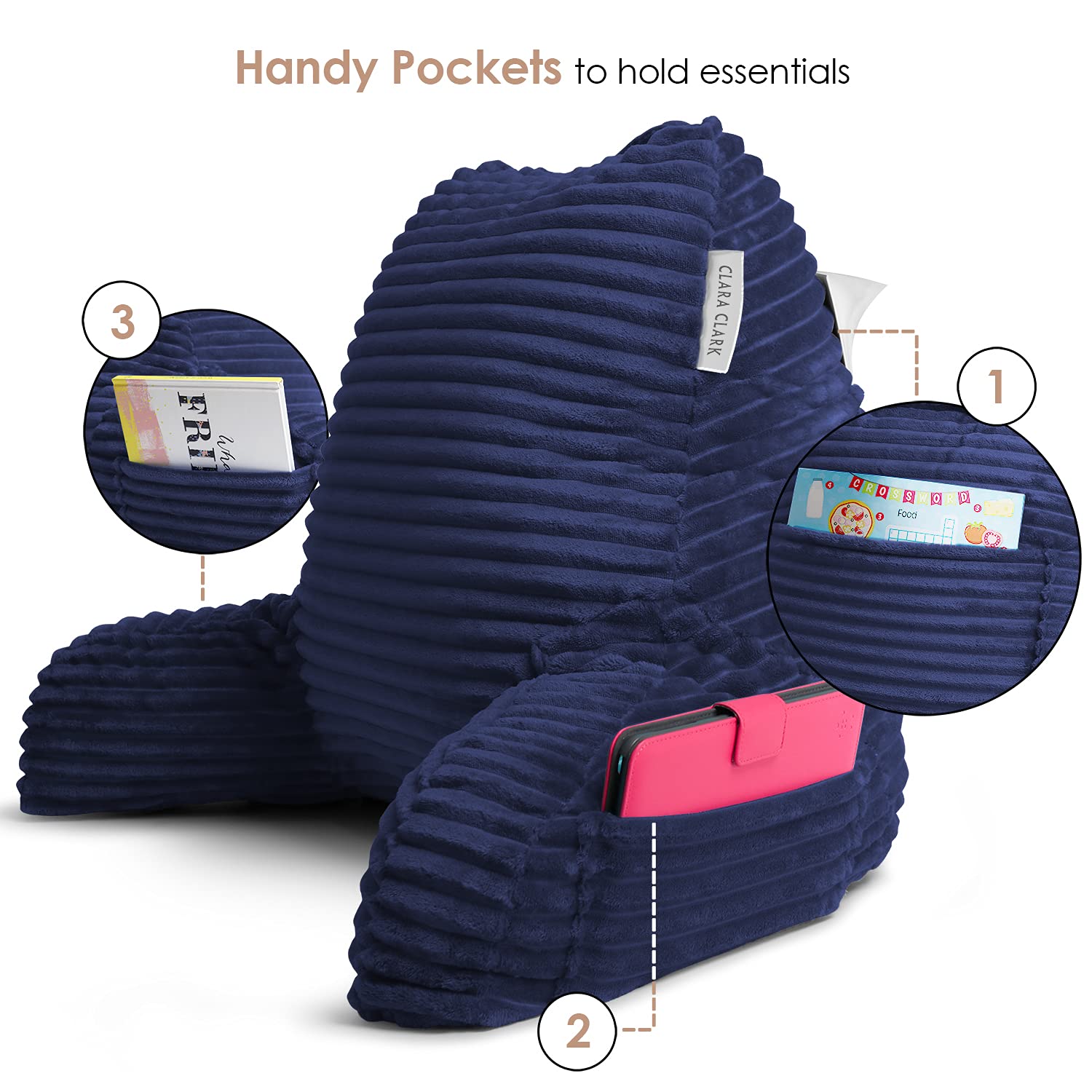 Clara Clark Plush Reading Pillow for Adults - Back Support Pillow with Arms & Pockets for Sitting in Bed, Shredded Foam Bed Rest Pillow (Navy) - Perfect for Reading, Watching TV, or Relaxing in Bed