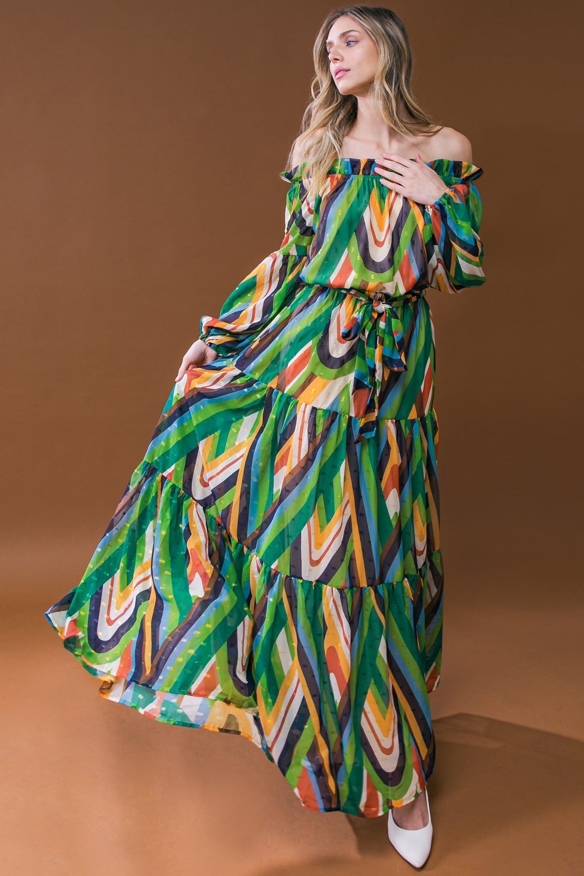 Free Spirit Green & Navy Long Sleeve Maxi Dress - Elegant Boho Style for Women, Perfect for Beach Vacations, Date Nights & Summer Festivals